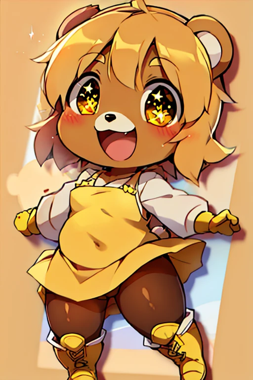 boy, bear, furry, bodyfur, yellow camisole, bottomless, no panties under pantyhose, yellow gloves, yellow boots, chibi, happy, sparkling eyes