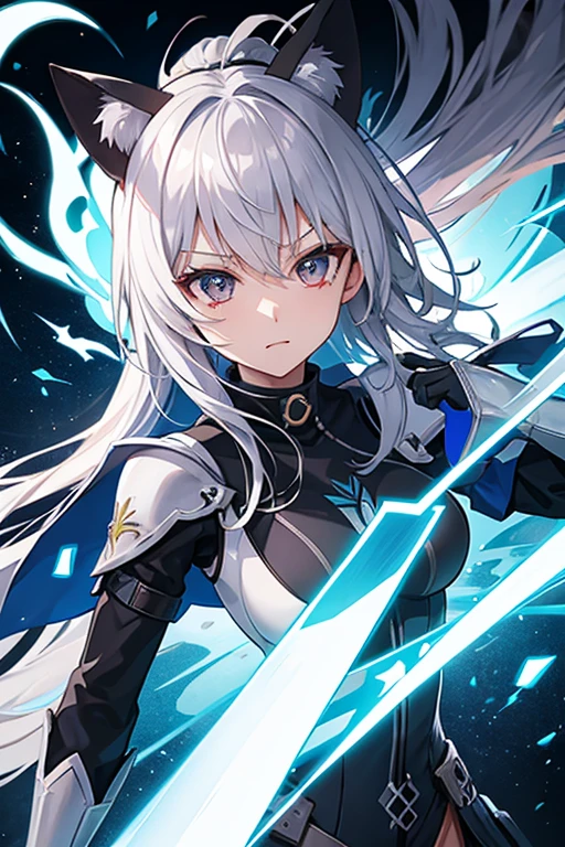 Waifu zorro con armadura tecnologica, con una catana de energia, 