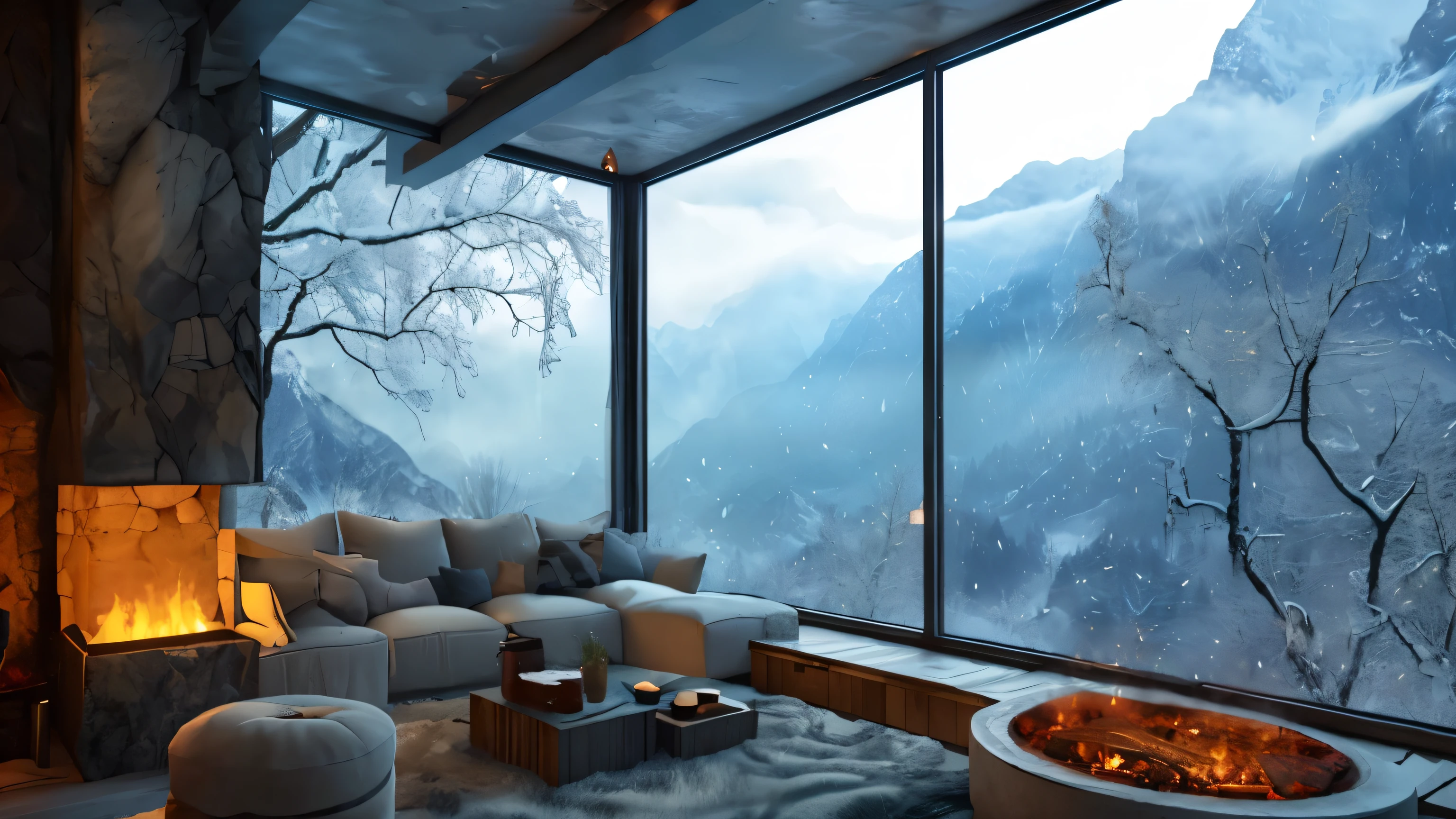 open view of a living room with fireplace and large window, realistic rendering of unreal engine, Integrated into the mountains, environnement relaxant, Salon chaleureux, cinematic render unreal engine, environnement chaleureux, Endroit confortable, very realistic unreal engine, rendu vray 8k, Warm interior, rendu du moteur Unreal 5, Rendu paysage 8k, highly rendered unreal engine