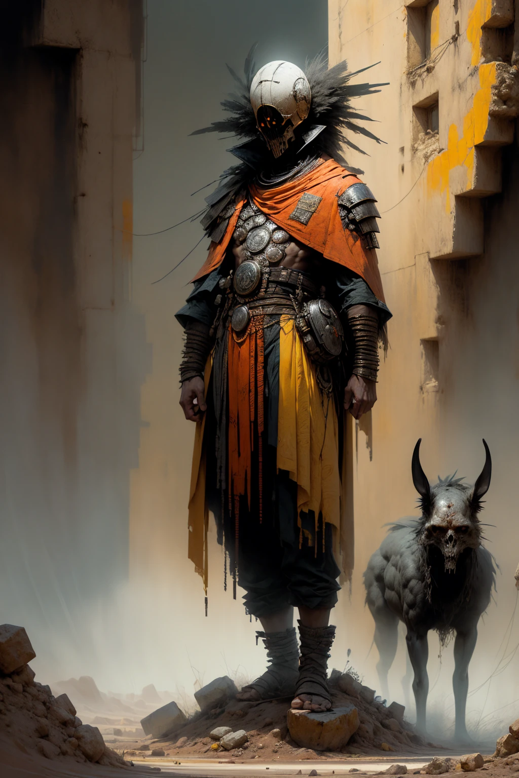 oscuro y desgarrado, 1 joven hermoso cuerpo musculoso, fierce expression, sosteniendo un arma, (colores en su ropa, warm, naranja, amarillo, Violeta:1.3), standing in a desolate wasteland, dramatic lighting, sombras intensas, textura arenosa, tall contrast, Colores vibrantes, dynamic pose, postura poderosa, fondo rugoso, explosive atmosphere, dystopian theme, elementos surrealistas, digitally painted illustration, High definition resolution, detalles intrincados, dramatic composition, avant-garde and chaotic brushstrokes, Gothic style, emociones intensas, epic scale, raw and gritty feeling, Obras de arte cautivadoras y provocativas..