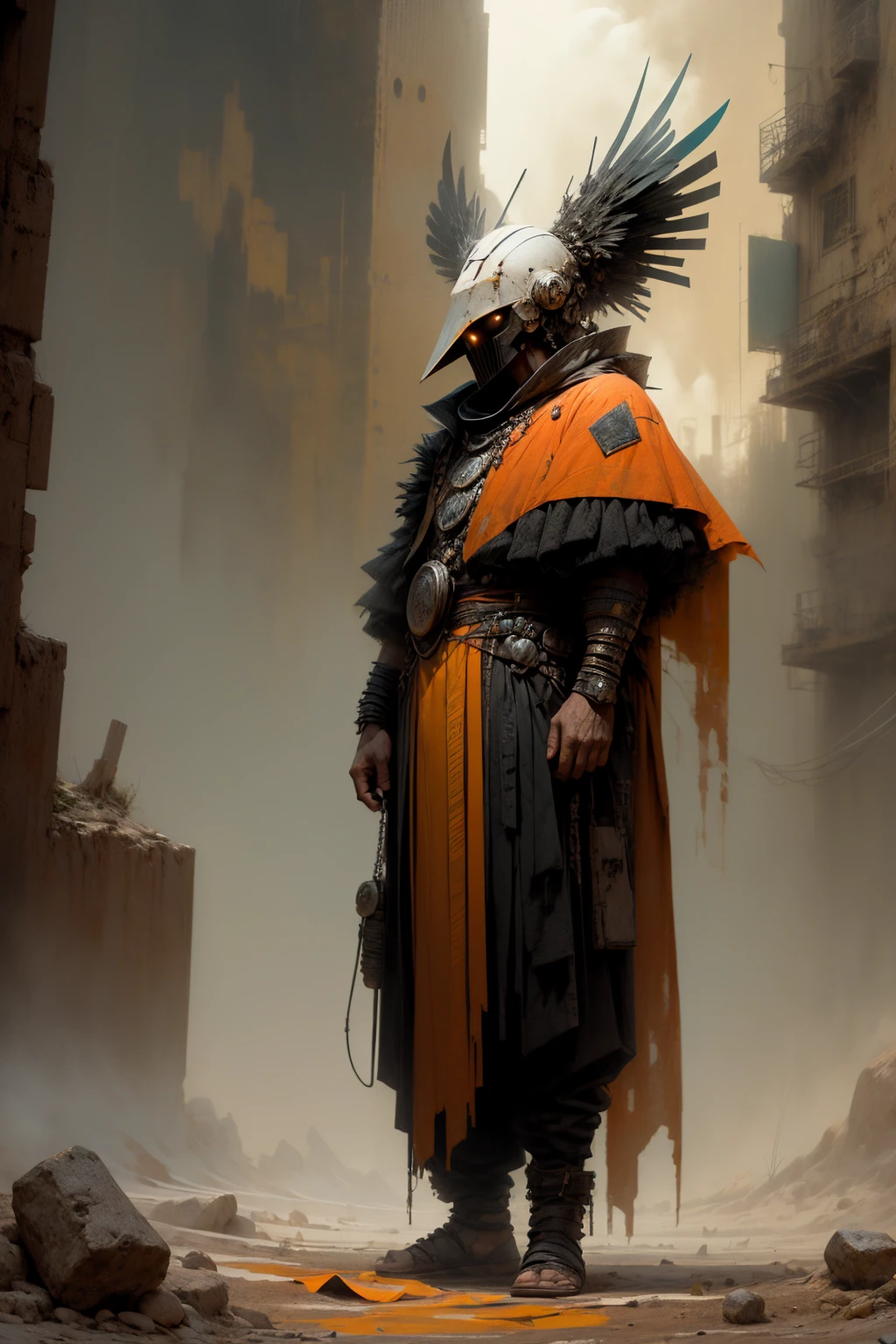 oscuro y desgarrado, 1 joven hermoso cuerpo musculoso, fierce expression, sosteniendo un arma, (colores en su ropa, warm, naranja, amarillo, Violeta:1.3), standing in a desolate wasteland, dramatic lighting, sombras intensas, textura arenosa, tall contrast, Colores vibrantes, dynamic pose, postura poderosa, fondo rugoso, explosive atmosphere, dystopian theme, elementos surrealistas, digitally painted illustration, High definition resolution, detalles intrincados, dramatic composition, avant-garde and chaotic brushstrokes, Gothic style, emociones intensas, epic scale, raw and gritty feeling, Obras de arte cautivadoras y provocativas..