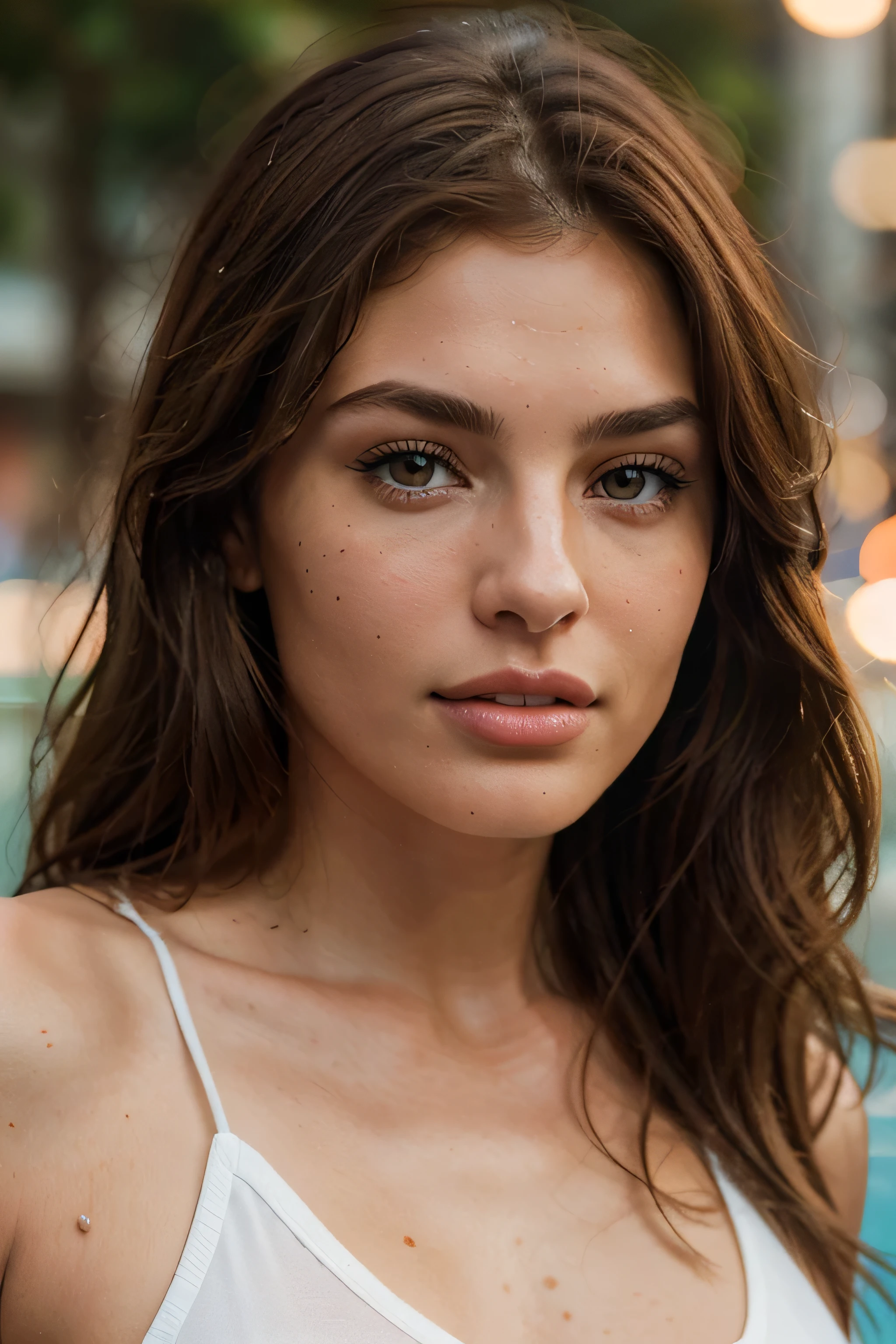 Close-up of a beautiful girl with brown hair, green eyes, athletic, resembling Kelly Lebrock, 20 years old, a mole on her face like Cindy Crawford, full lips, well-lit, image background with bokeh effect, photorealistic, high definition.