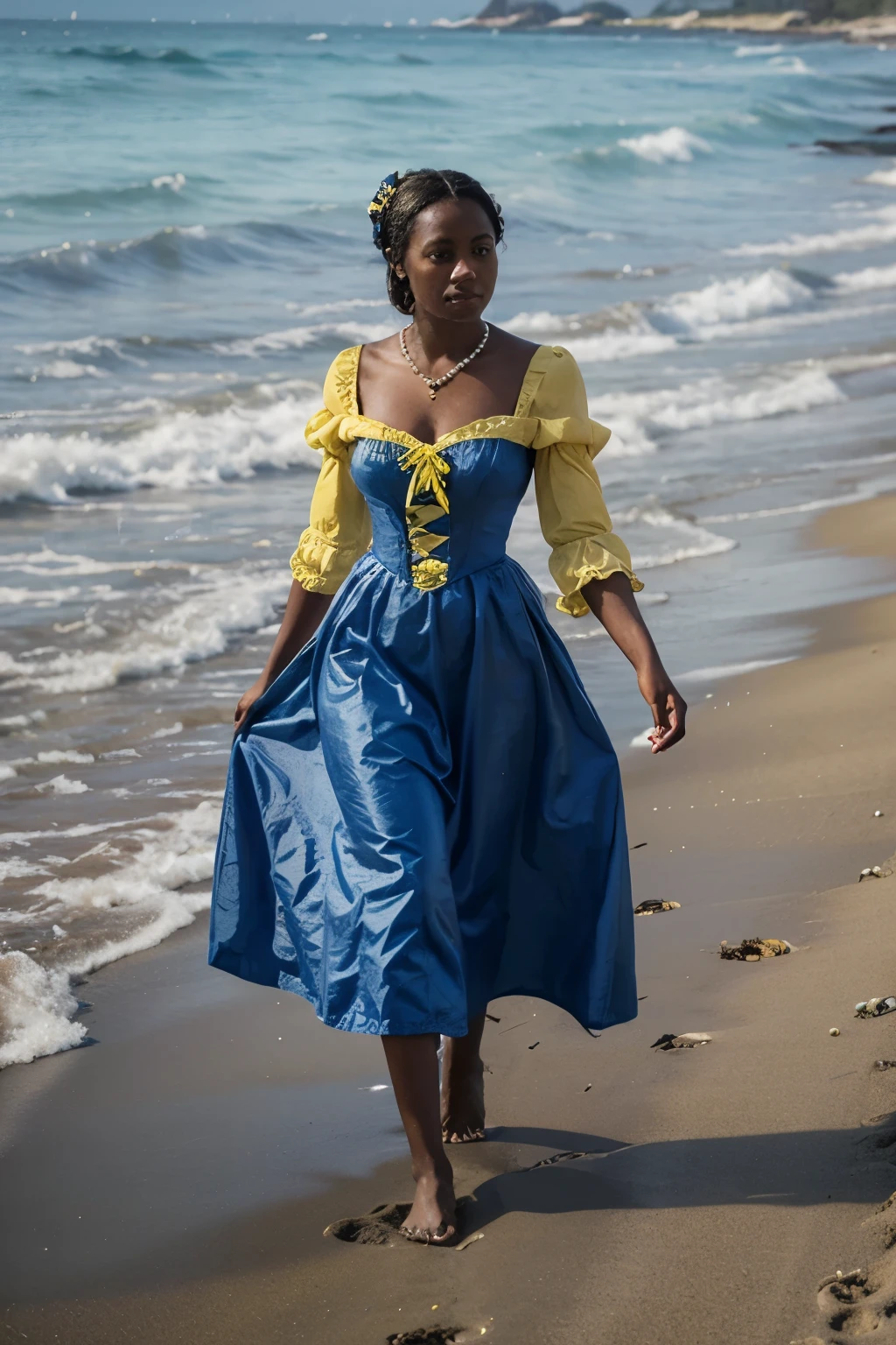 A Victorian dark-skinned duchess in a yellow and blue Victorian dress with pearl jewelry, walking on the beach barefoot