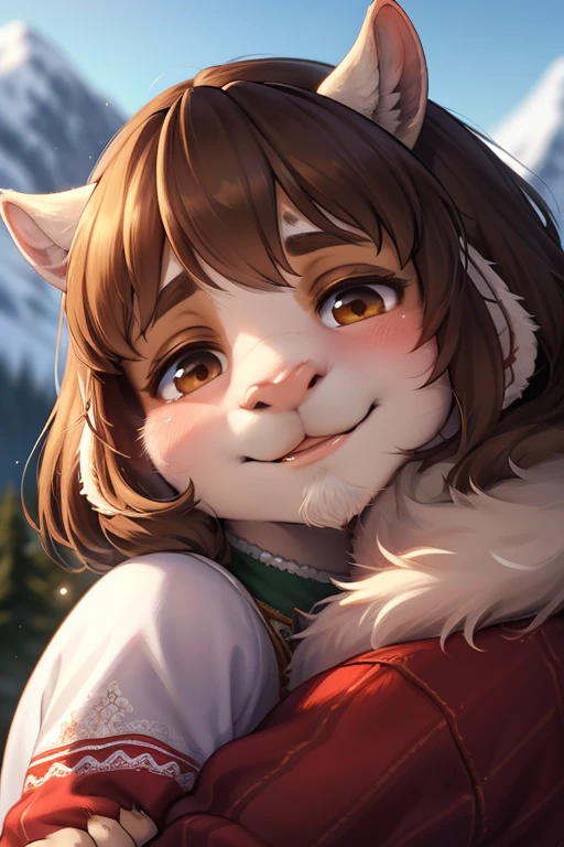 rear Bokeh , (closeup face) , 2 hairy goat girls , realistic hairy fur , round face , Swollen cheeks , smile , Hair ties , (Swiss traditional costume) , in the Mountains in Alm , front view , back shot , side view , Dutch angle , Hug  , (nose to nose:1.2) , licking to nose