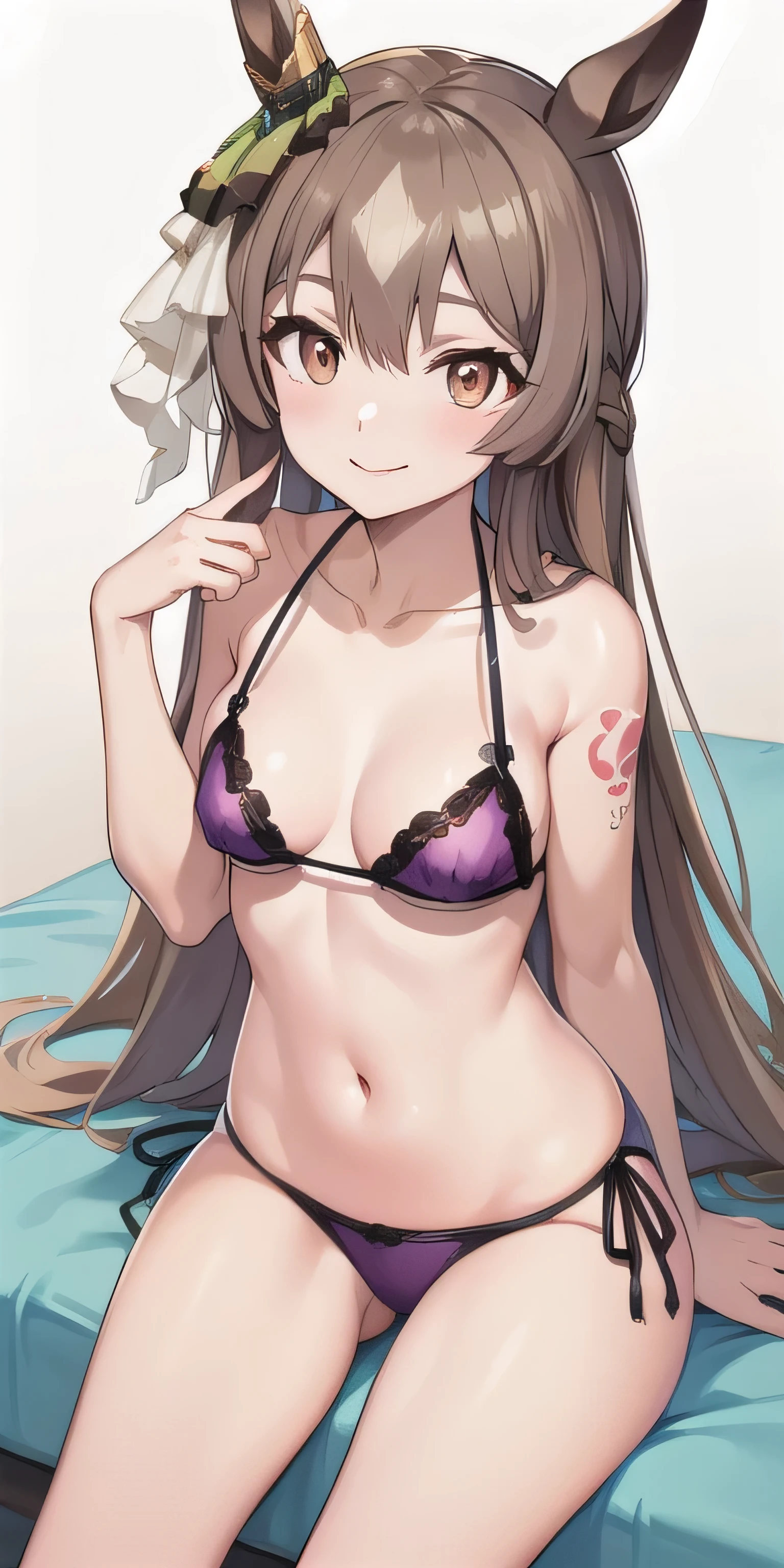 masterpiece, highest quality, High resolution, Gusam, Pink Eyes, Glasses on head, Swimwear, ((darkpurpleMetallic Ultra Micro Bikini)), Yellow tattoo, hotel, With an evil smile, Low - Angle、sit、Leg spread、front、((umamusume))