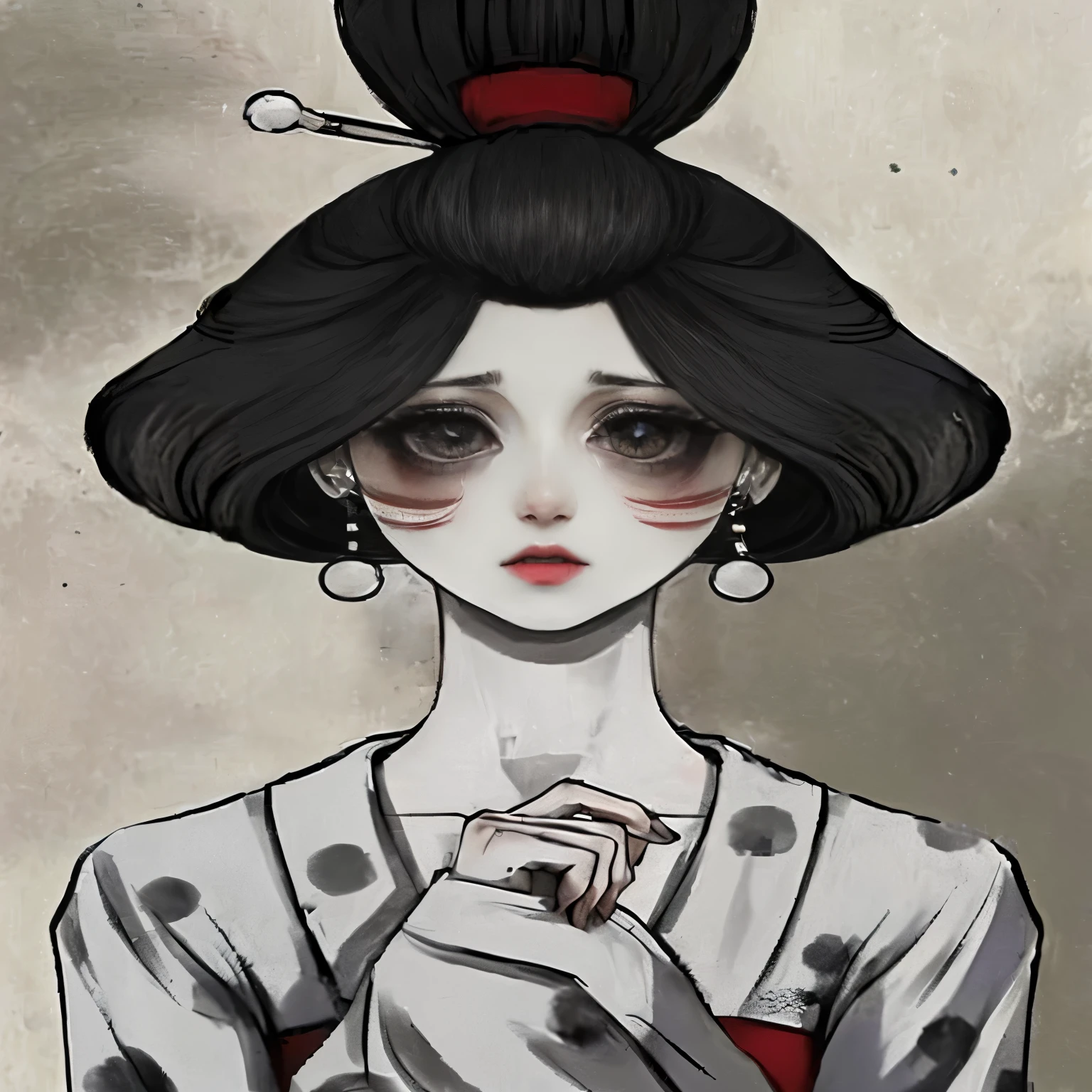 Close-up of a woman with black hair and red top, This is Junji&#39;s style., Inspired by Junji Ito, Inspired by Rokkaku Ayako, Weird art style, art This is Junji&#39;s style., The sharp gaze of the Snow Girl, Korean Art Nouveau Anime, This is Junji&#39;s style., Troubled and sad expression