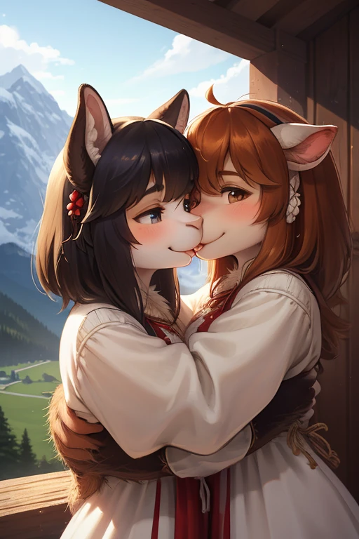 rear Bokeh , (closeup face) , 2 hairy goat girls , realistic hairy fur , round face , Swollen cheeks , smile , Hair ties , (Swiss traditional costume) , in the Mountains in Alm , front view , back shot , side view , Dutch angle , Hug , (nose to nose:1.2) , licking to Tip of the nose