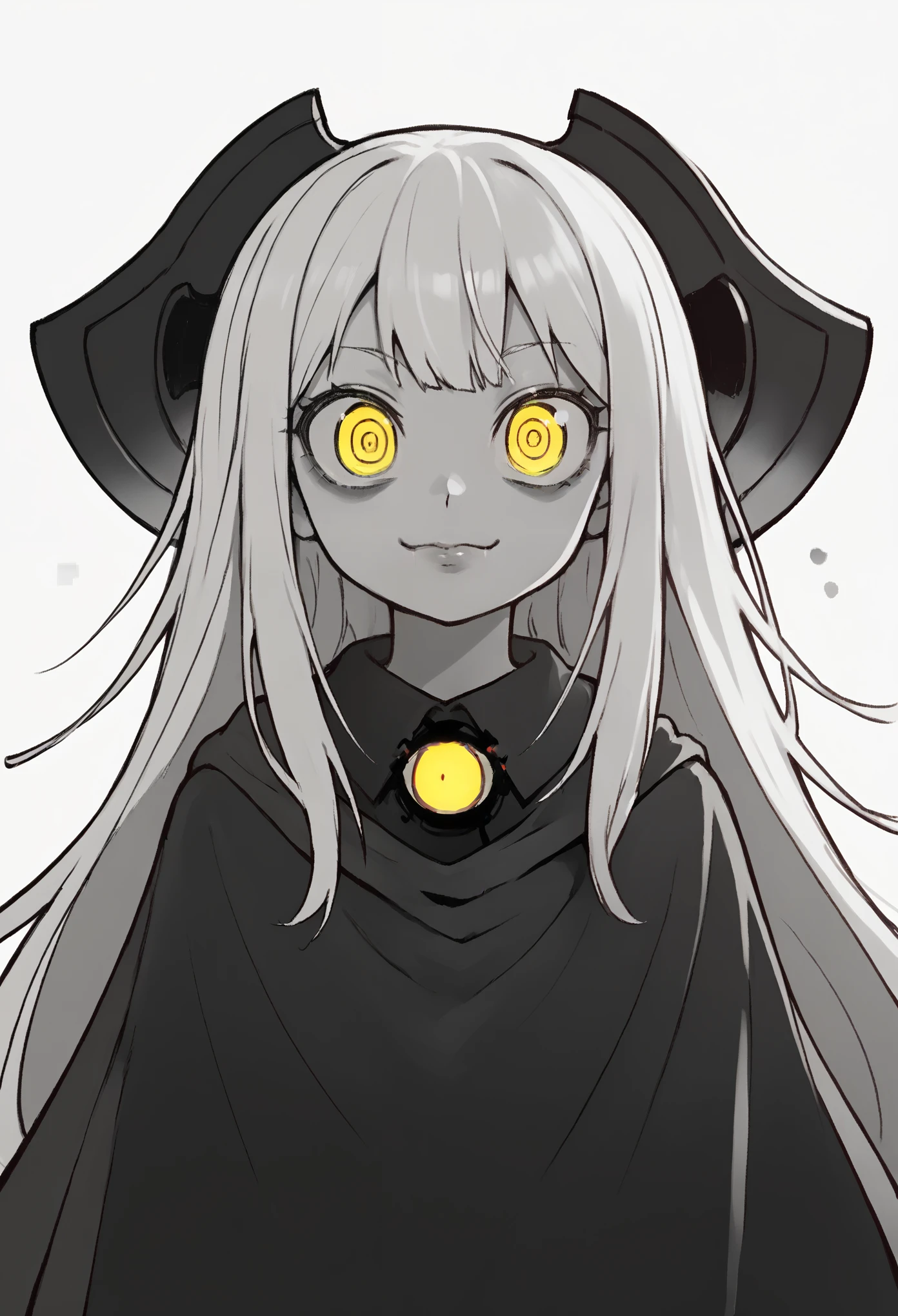 score_9, score_8_up, score_7_up, score_6_up, BREAK white background, simple background, greyscale,monochrome 1girl, swdef, white hair, long hair, yellow eyes, headgear, cloak, chest strap, crazy eyes, emotionless, closed mouth, insanity-angle, face close-up, glitch, glitching, horror 