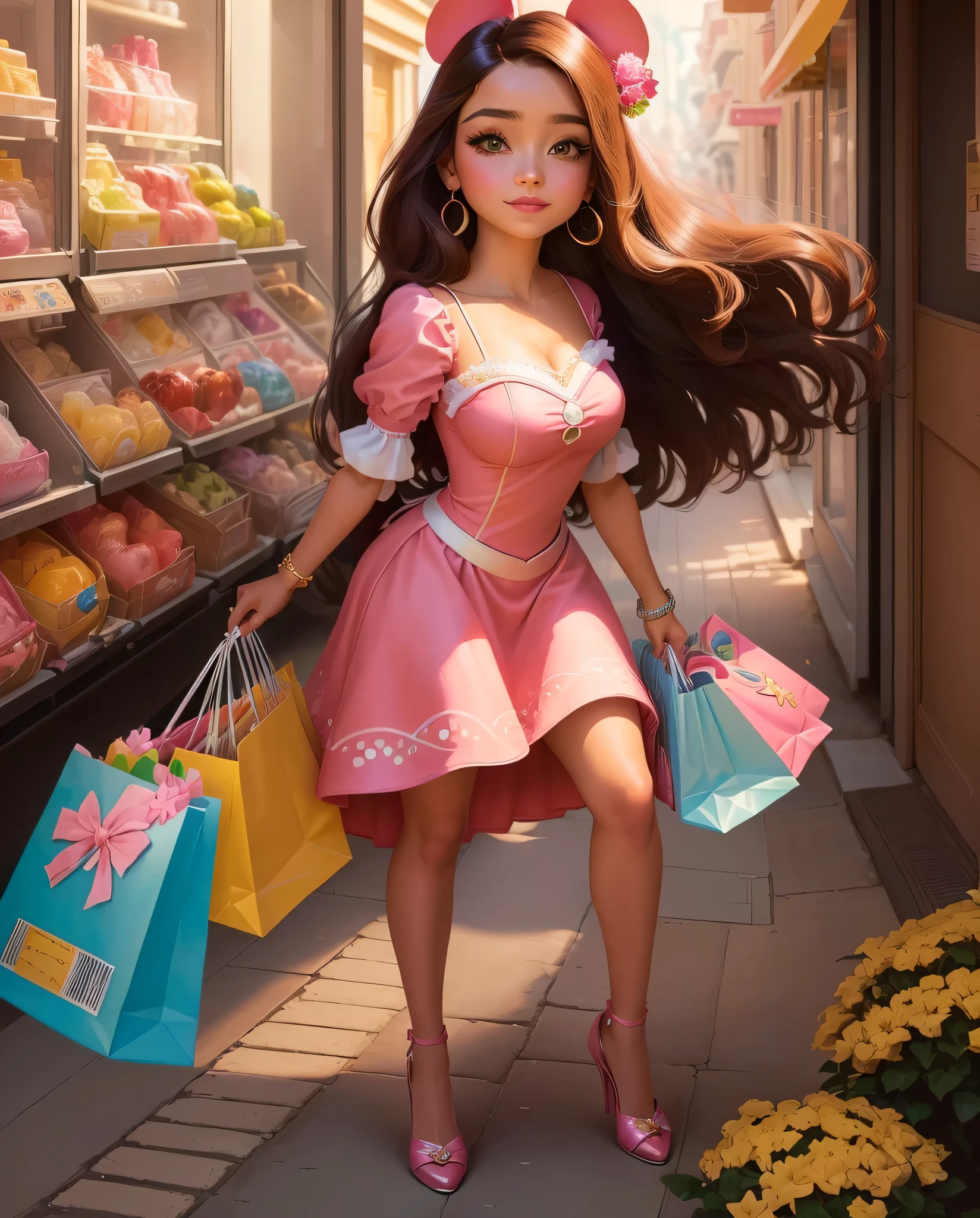 a close-up of a cartoon girl with shopping bags in her hand,  morena, dressed in a vestido rosa, plastic boneca Barbie, figura de , promo art, garota de vestido, imagem vazada,  princesa, wearing a vestido rosa, iconic brunette character, disney rendering, plastic doll, boneca Barbie, vestido rosa, Admirador de arte, personagem da disney style, personagem da disney