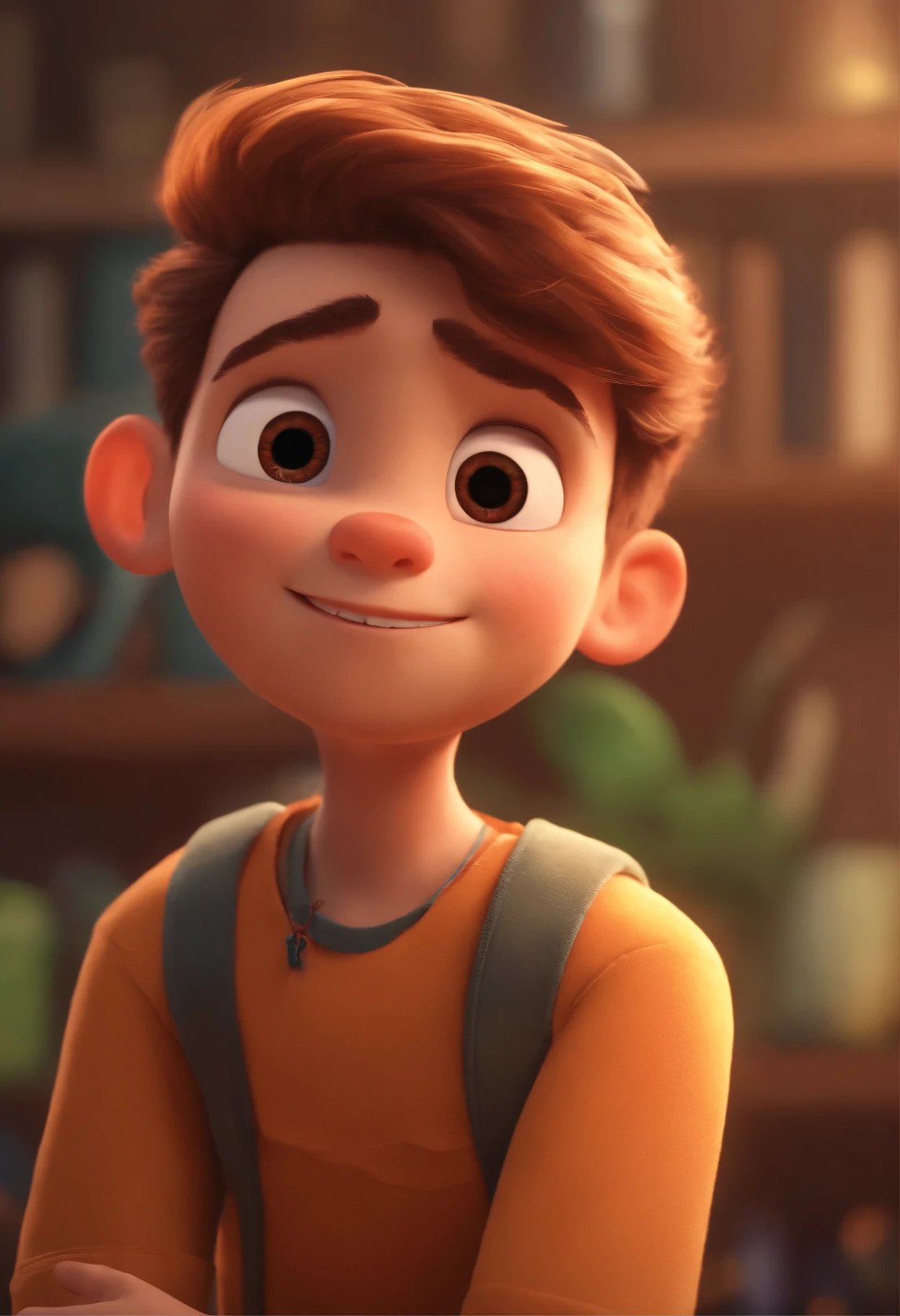 Image of a boy for a story in a YouTube video in Pixar format, He's the little alabester, He's the leader of the class, He is extroverted, Playful and stands up for many things, cabelo curto