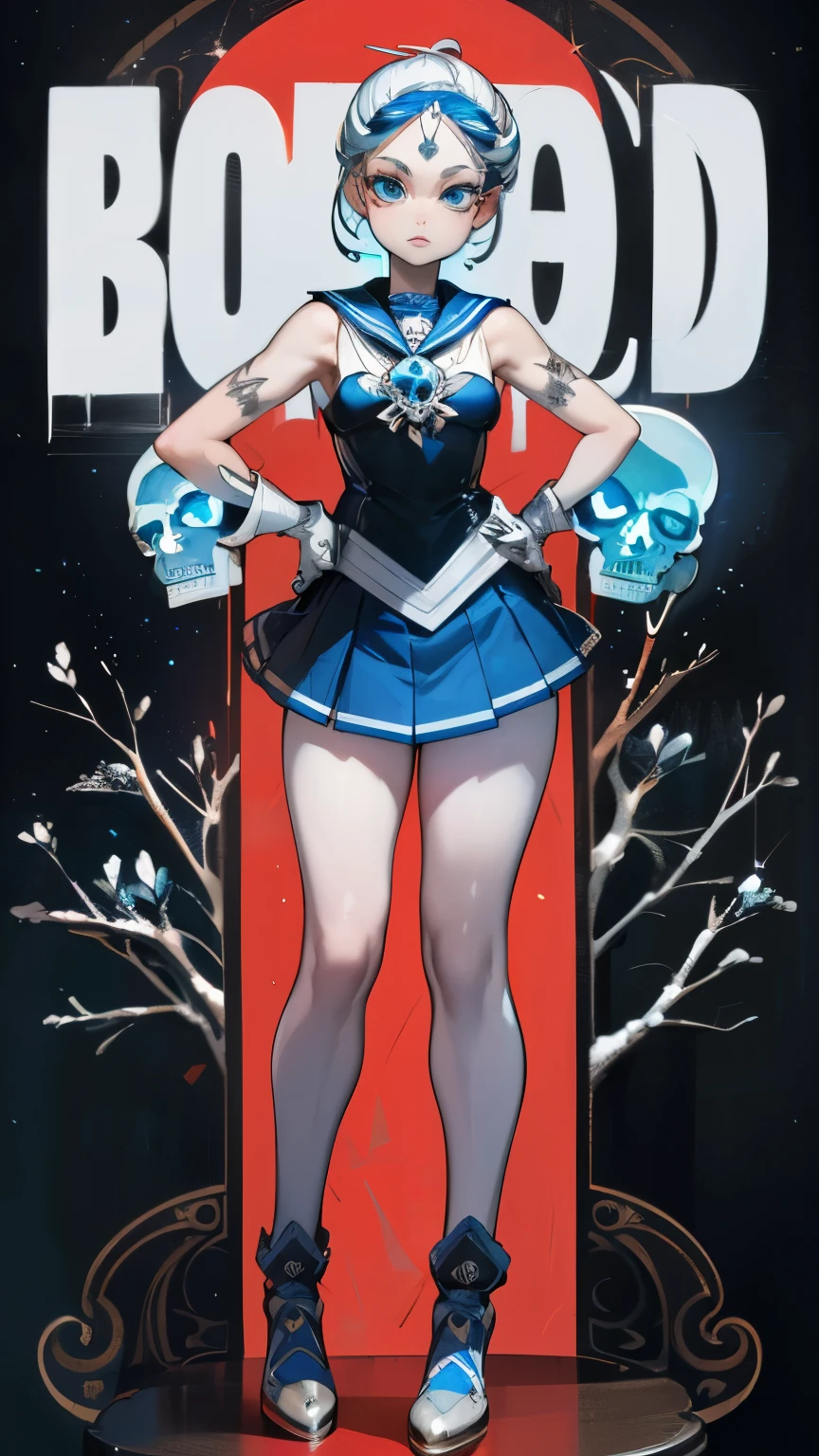 ((best quality)), ((official art)), ((masterpiece)), textile shading, ((ultra-detailed)), solo, full color, (1girl, solo, bssmsuperoutfit, circlet, white leotard,,blue sailor collar, sleeveless, heart brooch, miniskirt, white gloves, hairstyle, hairlength , detailed face, (full body:1.1)), (in nature) (best quality, highres, ice skull:1.1), ice skull, girl style, thick body art, detailed facial features, icy blue eyes, glossy lips, long eyelashes, porcelain skin, blue and silver color scheme, intricate skull design, realistic texture, vibrant colors, elaborate background, mysterious atmosphere, frozen garden, snow-covered trees, sparkling ice crystals, surreal lighting, fantasy elements