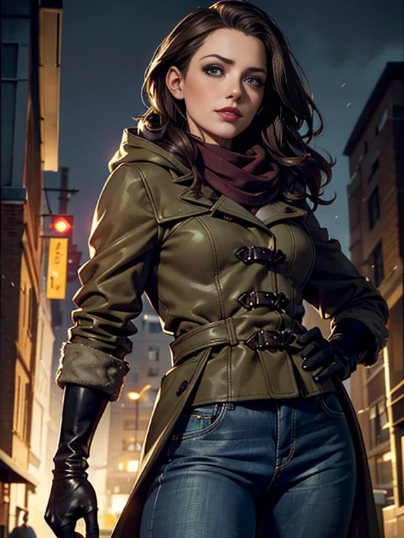 Amy Acker、(masterpiece:1.0), (Highest_quality:1.2), (Dark Shot:1.3), Classic Rogue, 1991 Rogue X-Men, 1 girl, Only 1, Head to Toe, standing on street corner, Elegant pose, (clothing: Brown winter coat, Brown color hood, Down lining, White scarf, gloves, jeans) Medium length hair, Brown Hair, Wavy Hair, One gray hair, Green Eyes, Mischievous look, Grin, Lips parted, Red lipstick, Heavy makeup, Confident expression, Backlight, (realism: 1.5), (Realistic: 1.4), (Disorganized:1.4), 8k, Very detailed, Detailed beautiful woman, (background: Midnight, it's snowing, On the streets of New York, Snowy Night), Official Art, Very detailed CG Unity 8k wallpaper, Perfect lighting, colorful, 超High resolution, photograph, 8k, High resolution, Kodak Portrait 400, Film Grain, blurry background, (Bokeh:1.2), (Vibrant_color:1.2), Film Grain:1.2, (Warm colors, Warm Tones:1.2), (color photo), Professional Photograph