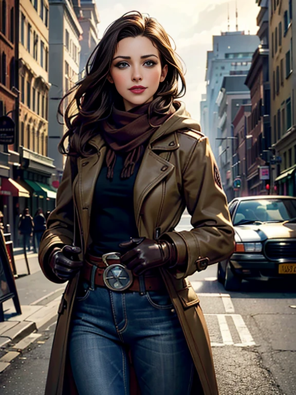 Amy Acker、(masterpiece:1.0), (Highest_quality:1.2), (Dark Shot:1.3), Classic Rogue, 1991 Rogue X-Men, 1 girl, Only 1, Head to Toe, standing on street corner, Elegant pose, (clothing: Brown winter coat, Brown color hood, Down lining, White scarf, gloves, jeans) Medium length hair, Brown Hair, Wavy Hair, One gray hair, Green Eyes, Mischievous look, Grin, Lips parted,  Red lipstick, Heavy makeup, Confident expression, Backlight, (realism: 1.5), (Realistic: 1.4), (Disorganized:1.4), 8k, Very detailed, Detailed beautiful woman,  (background: Midnight, it&#39;s snowing, On the streets of New York, Snowy Night), Official Art, Very detailed CG Unity 8k wallpaper, Perfect lighting, colorful, 超High resolution, photograph, 8k, High resolution, Kodak Portrait 400, Film Grain, blurry background, (Bokeh:1.2), (Vibrant_color:1.2), Film Grain:1.2, (Warm colors, Warm Tones:1.2), (color photo), Professional Photograph