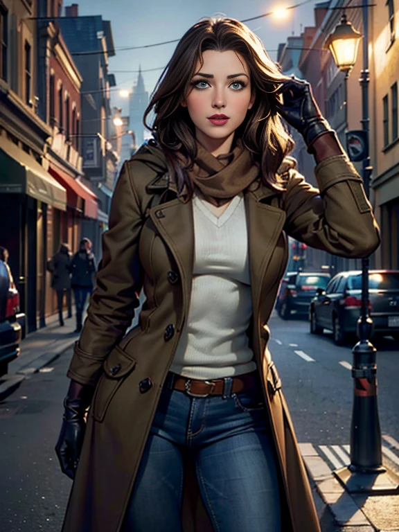 Amy Acker、(masterpiece:1.0), (Highest_quality:1.2), (Dark Shot:1.3), Classic Rogue, 1991 Rogue X-Men, 1 girl, Only 1, Head to Toe, standing on street corner, Elegant pose, (clothing: Brown winter coat, Brown color hood, Down lining, White scarf, gloves, jeans) Medium length hair, Brown Hair, Wavy Hair, One gray hair, Green Eyes, Mischievous look, Grin, Lips parted, Red lipstick, Heavy makeup, Confident expression, Backlight, (realism: 1.5), (Realistic: 1.4), (Disorganized:1.4), 8k, Very detailed, Detailed beautiful woman, (background: Midnight, it's snowing, On the streets of New York, Snowy Night), Official Art, Very detailed CG Unity 8k wallpaper, Perfect lighting, colorful, 超High resolution, photograph, 8k, High resolution, Kodak Portrait 400, Film Grain, blurry background, (Bokeh:1.2), (Vibrant_color:1.2), Film Grain:1.2, (Warm colors, Warm Tones:1.2), (color photo), Professional Photograph