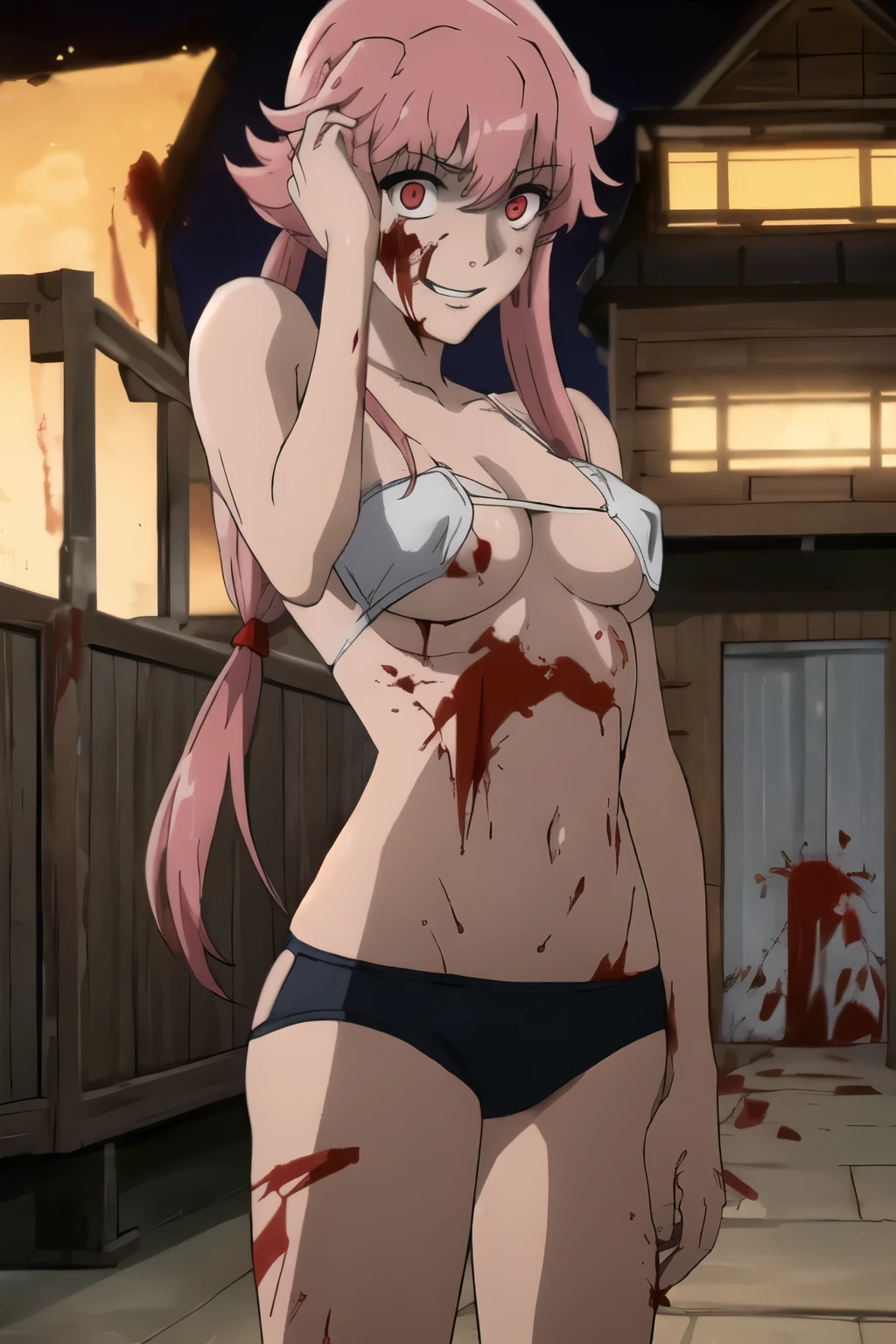 (best quality:1.3), Yuno Gasai, long hair, pink hair, smile, low twintails, yuno gasai, (small :1.5), 1girl, red eyes, (day:1.8), (evil grin1.5), blood, door:1.5), (evil:1.5), (blood on bod), (evil eyes:1.4), 4k, 8k, killing, best qua, masterpiece, black tube top, (cleavage:1.5), (under), torn tube top, looking at viewer, facing the camera, cowboy shot, thick thighs, hands on face, black panties