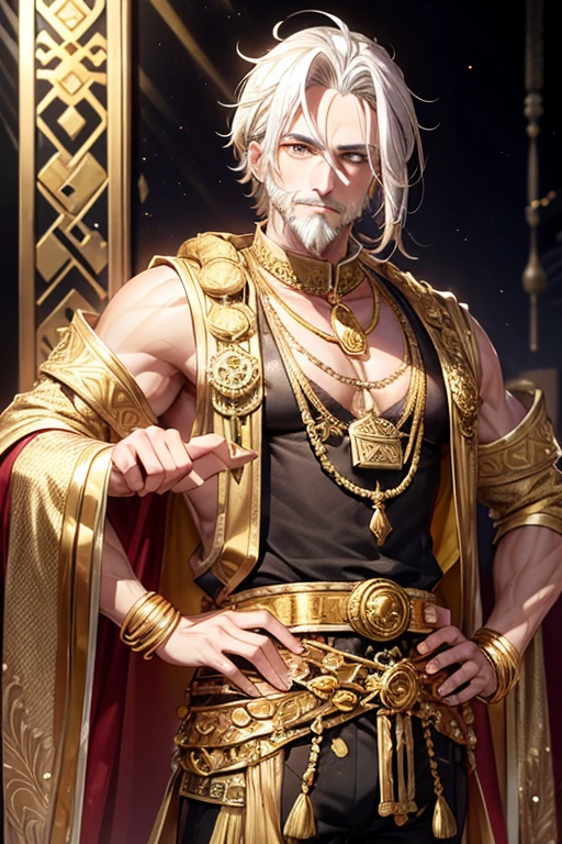 Sultan, 50 year old man, messy platinum blonde hair with short blonde beard, gold ornaments, gold eyes, yellow Arabic clothing, dark gold vest with gold cloud print, silver belt, dark gold pants, gold cloud pendant with Arabic symbol with amber gems, gold rings on both hands, muscular stocky build, palace background,