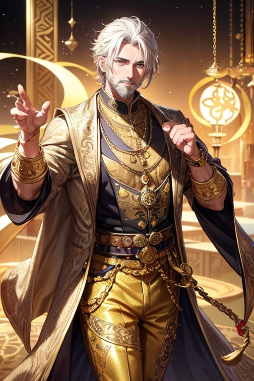 Sultan, 50 year old man, messy platinum blonde hair with short blonde beard, gold ornaments, gold eyes, yellow Arabic clothing, dark gold vest with gold cloud print, silver belt, dark gold pants, gold cloud pendant with Arabic symbol with amber gems, gold rings on both hands, muscular stocky build, palace background,