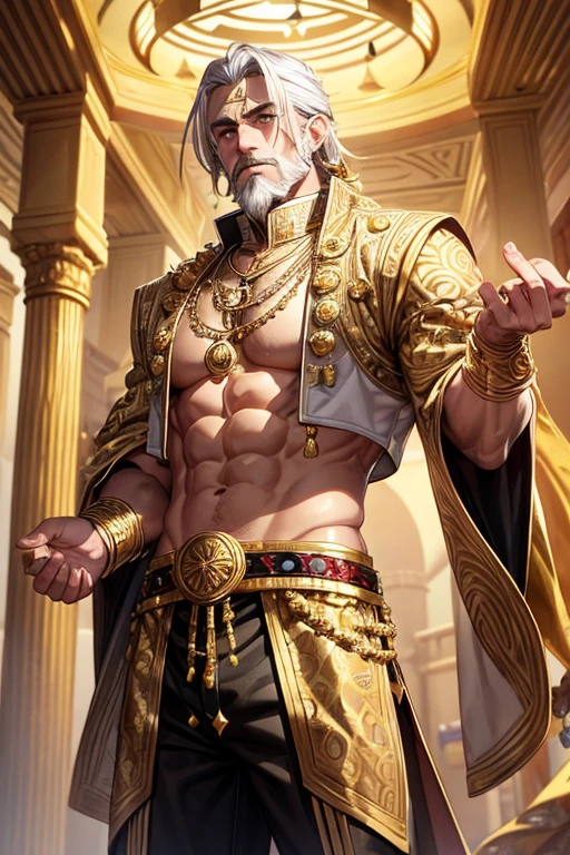 Sultan, 50 year old man, messy platinum blonde hair with short blonde beard, gold ornaments, gold eyes, yellow Arabic clothing, dark gold vest with gold cloud print, silver belt, dark gold pants, gold cloud pendant with Arabic symbol with amber gems, gold rings on both hands, muscular stocky build, palace background,
