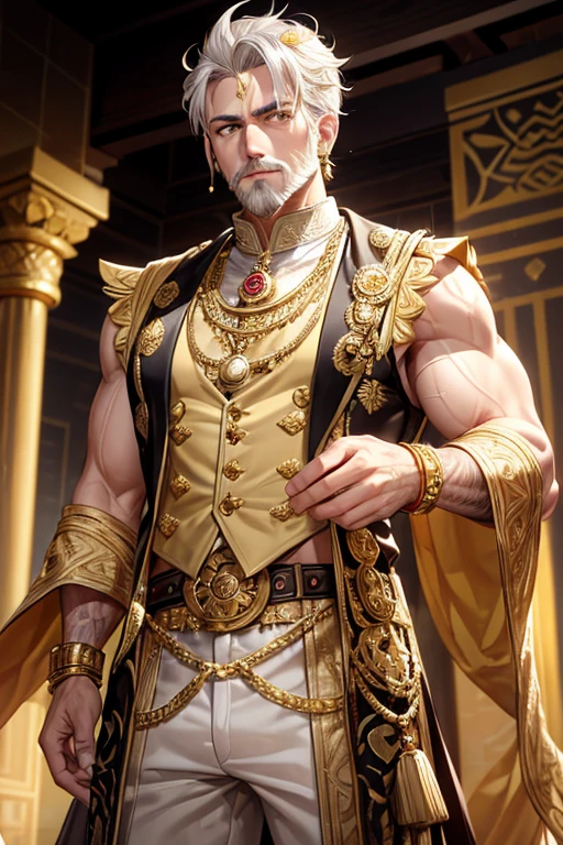Sultan, 50 year old man, messy platinum blonde hair with short blonde beard, gold ornaments, gold eyes, yellow Arabic clothing, dark gold vest with gold cloud print, silver belt, dark gold pants, gold cloud pendant with Arabic symbol with amber gems, gold rings on both hands, muscular stocky build, palace background,