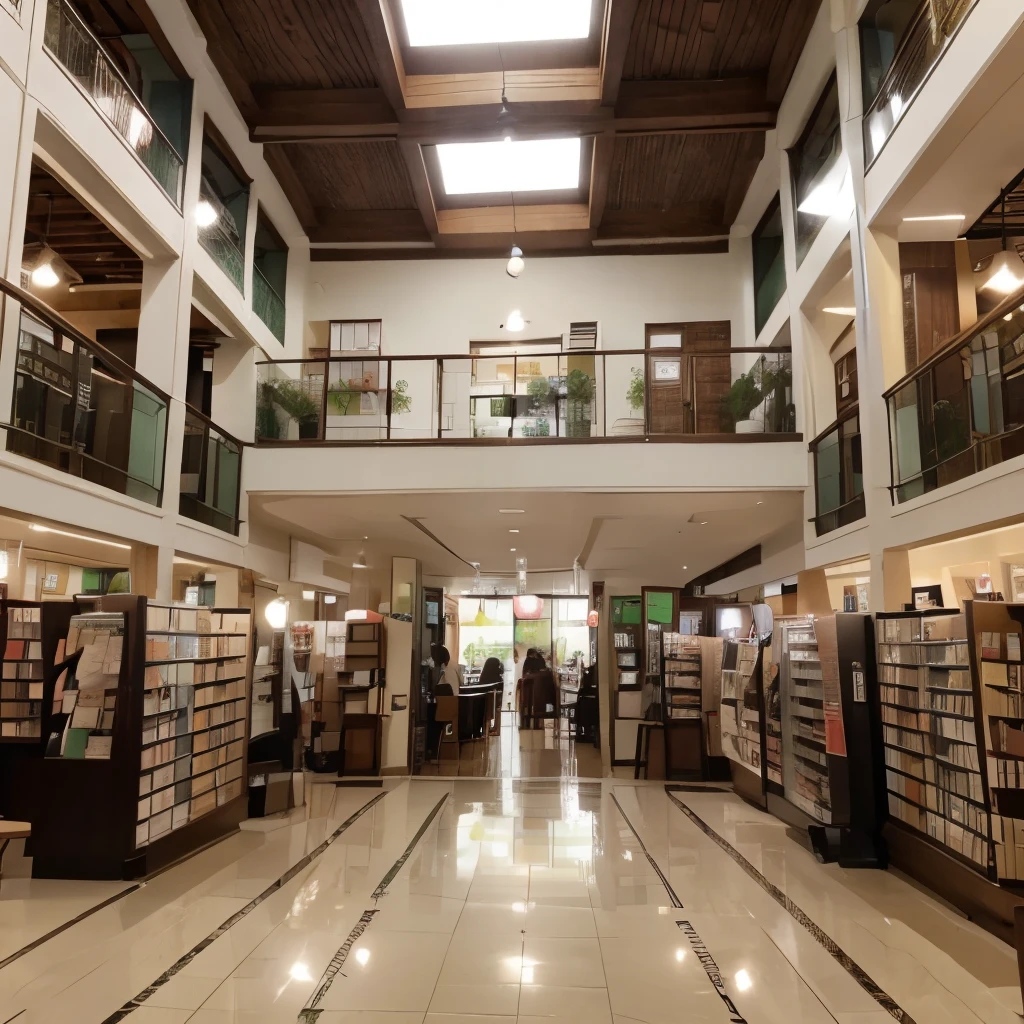 Livraria, café, area verde, vidros grandes 