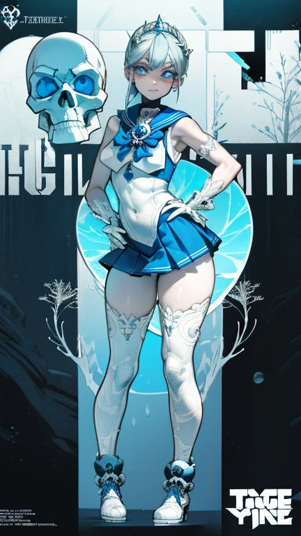 ((best quality)), ((official art)), ((masterpiece)), textile shading, ((ultra-detailed)), solo, full color, (1girl, solo, bssmsuperoutfit, circlet, white leotard,,blue sailor collar, sleeveless, heart brooch, miniskirt, white gloves, hairstyle, hairlength , detailed face, (full body:1.1)), (in nature) (best quality, highres, ice skull:1.1), ice skull, girl style, thick body art, detailed facial features, icy blue eyes, glossy lips, long eyelashes, porcelain skin, blue and silver color scheme, intricate skull design, realistic texture, vibrant colors, elaborate background, mysterious atmosphere, frozen garden, snow-covered trees, sparkling ice crystals, surreal lighting, fantasy elements