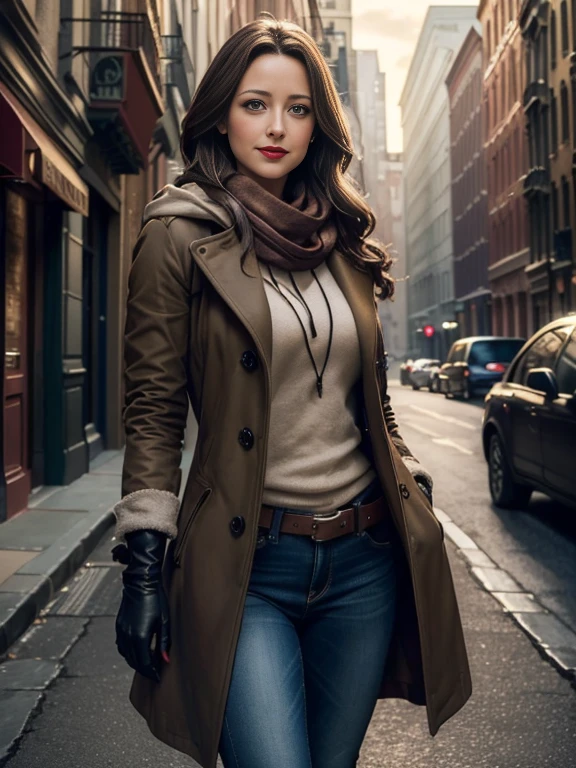 Amy Acker、(masterpiece:1.0), (Highest_quality:1.2), (Dark Shot:1.3), Classic Rogue, 1991 Rogue X-Men, 1 girl, Only 1, Head to Toe, standing on street corner, Elegant pose, (clothing: Brown winter coat, Brown color hood, Down lining, White scarf, gloves, jeans) Medium length hair, Brown Hair, Wavy Hair, One gray hair, Green Eyes, Mischievous look, Grin, Lips parted, Red lipstick, Heavy makeup, Confident expression, Backlight, (realism: 1.5), (Realistic: 1.4), (Disorganized:1.4), 8k, Very detailed, Detailed beautiful woman, (background: Midnight, it's snowing, On the streets of New York, Snowy Night), Official Art, Very detailed CG Unity 8k wallpaper, Perfect lighting, colorful, 超High resolution, photograph, 8k, High resolution, Kodak Portrait 400, Film Grain, blurry background, (Bokeh:1.2), (Vibrant_color:1.2), Film Grain:1.2, (Warm colors, Warm Tones:1.2), (color photo), Professional Photograph