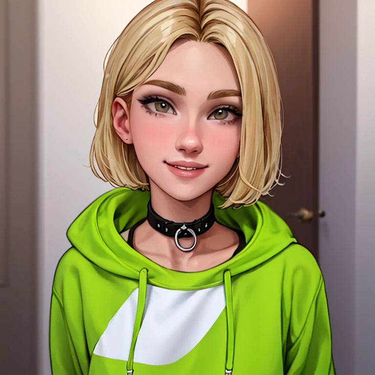 1college girl, short blonde hair to shoulders, olhos azuis, thin lips, rosto redondo,medium bust wearing a sweatshirt with a green collar, quadril largo usando saia vermelha bem curta,sentada em uma poltrona com sorriso malicioso olhando para o espectador , director&#39;s office scene 