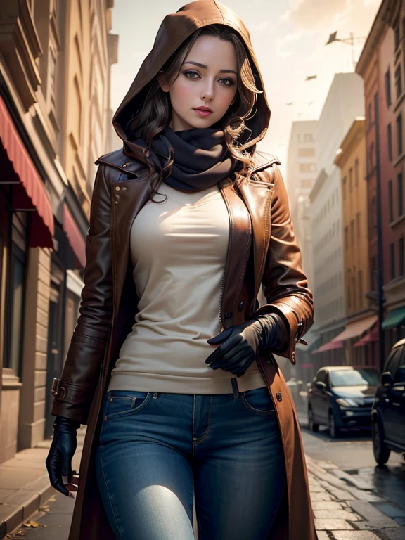 Amy Acker、(masterpiece:1.0), (Highest_quality:1.2), (Dark Shot:1.3), Classic Rogue, 1991 Rogue X-Men, 1 girl, Only 1, Head to Toe, standing on street corner, Elegant pose, (clothing: Brown winter coat, Brown color hood, Down lining, White scarf, gloves, jeans) Medium length hair, Brown Hair, Wavy Hair, One gray hair, Green Eyes, Mischievous look, Grin, Lips parted,  Red lipstick, Heavy makeup, Confident expression, Backlight, (realism: 1.5), (Realistic: 1.4), (Disorganized:1.4), 8k, Very detailed, Detailed beautiful woman,  (background: Midnight, it&#39;s snowing, On the streets of New York, Snowy Night), Official Art, Very detailed CG Unity 8k wallpaper, Perfect lighting, colorful, 超High resolution, photograph, 8k, High resolution, Kodak Portrait 400, Film Grain, blurry background, (Bokeh:1.2), (Vibrant_color:1.2), Film Grain:1.2, (Warm colors, Warm Tones:1.2), (color photo), Professional Photograph