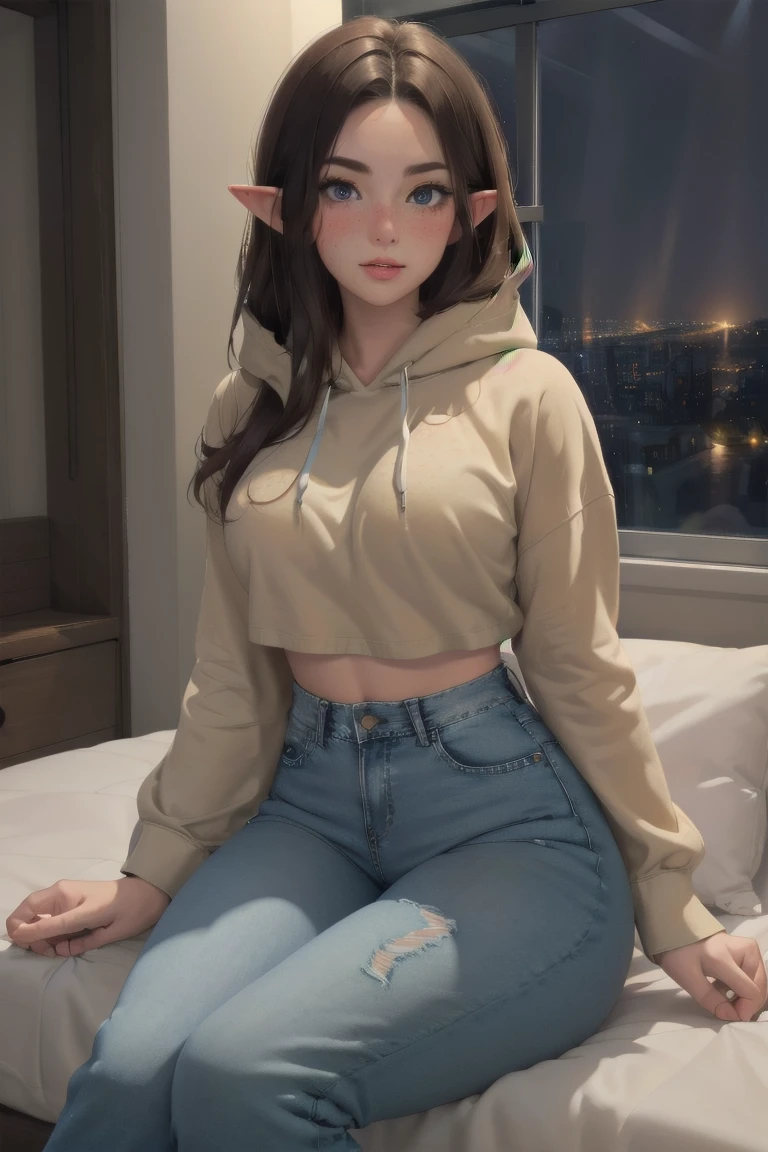 (elf girl), master piece, blushing, freckles, wide hips, slim waist, thick thighs, masterpiece, best quality, sfw, mature 26 year old woman, brown hair, moist face,  wavy hair, mouth open, shiny. lips, beutiful round eyes, oversized hoodie, tight jeans, (thick thighs), thick hoodie, cropped hoodie, inside city apartment, raining outside, rainy day, navy rain, inside, sitting on bed next to window, nightime, raindrops on window, dark out, mood light, soft lap light, cozy mood, Lofi astetic, the scene emulates an immense feeling of comfort and safety, modern cityscapes, skyscraper nightlights visable through window, midnight, completely dark out, high waist jeans, tight pants, ripped jeans, large thigh rip on jeans, orange lighting, orange moodnlight, Beautiful eyes, the most beautiful eyes youve ever seen, shiny thighs, extremely ripped jeans