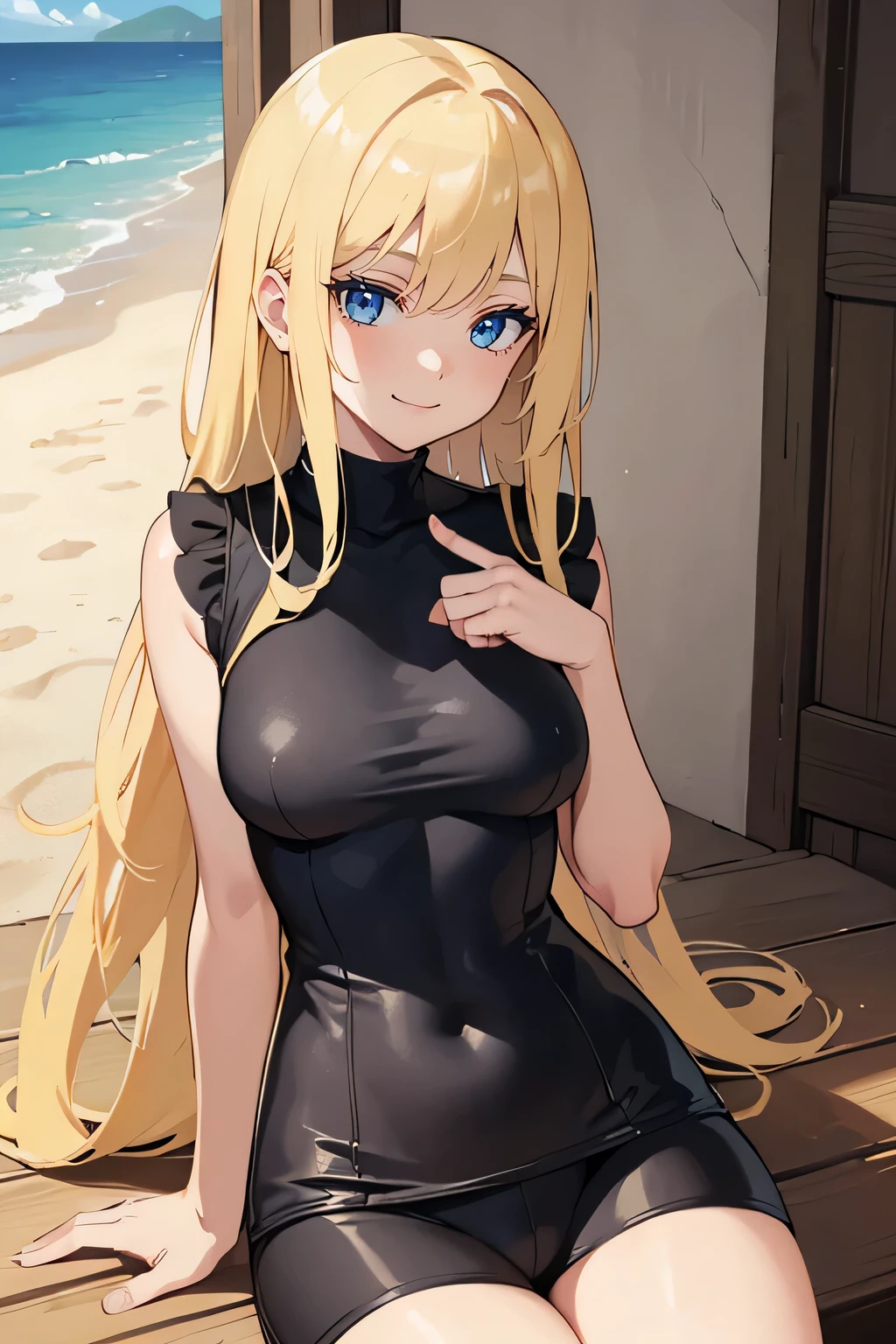 Safe for work, masterpiece, best quality, solo, 1 girl,   (young female body:1.4), ( medium breasts), slender legs, golden yellow hair, extra long hair, blunt bangs, crystal blue eyes, very detailed eyes, beach, sitting, elegant, smiling, flustered,  cute girl, cowboy shot, black rashguard swimsuit with shorts, completely black swimsuit, detailed eyes, expressive face, built in shorts, black modest swimsuit with shorts