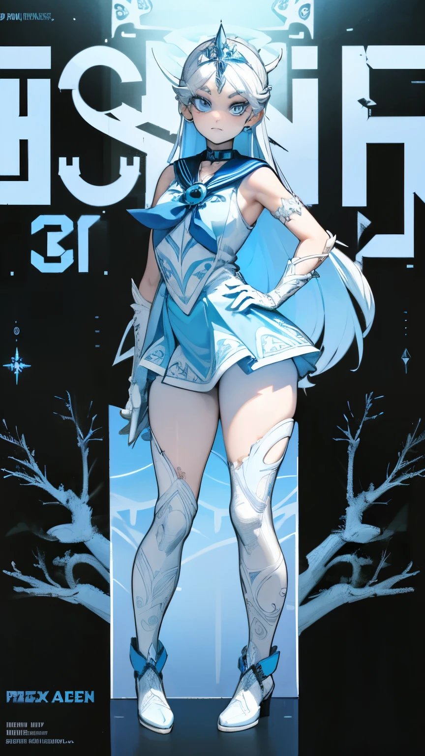 ((best quality)), ((official art)), ((masterpiece)), textile shading, ((ultra-detailed)), solo, full color, (1girl, solo, bssmsuperoutfit, circlet, white leotard,,blue sailor collar, sleeveless, heart brooch, miniskirt, white gloves, hairstyle, hairlength , detailed face, (full body:1.1)), (in nature) (best quality, highres, ice skull:1.1), ice skull, girl style, thick body art, detailed facial features, icy blue eyes, glossy lips, long eyelashes, porcelain skin, blue and silver color scheme, intricate skull design, realistic texture, vibrant colors, elaborate background, mysterious atmosphere, frozen garden, snow-covered trees, sparkling ice crystals, surreal lighting, fantasy elements
