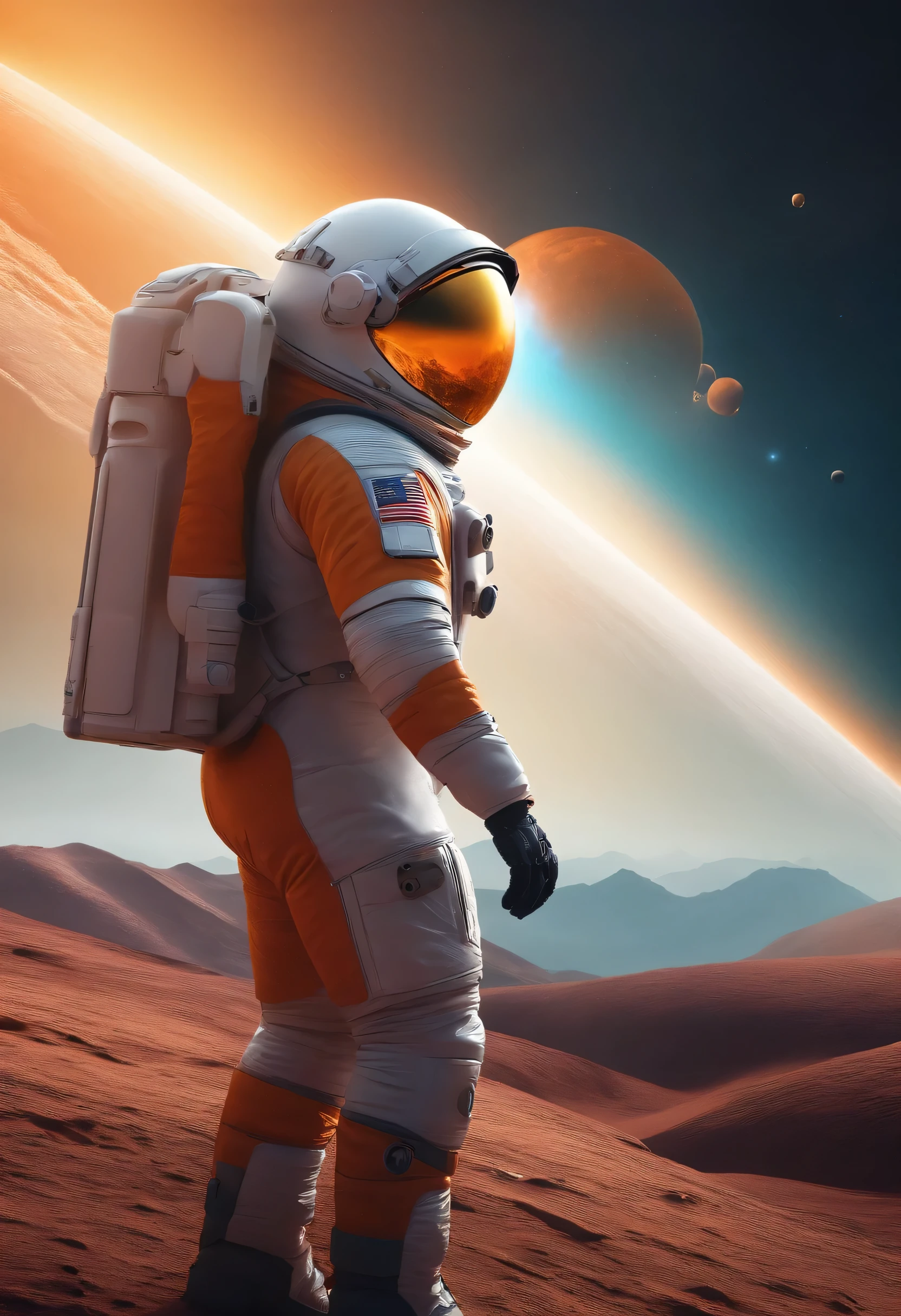 Adventurous male character in advanced space exploration suit, Explore um planeta desconhecido