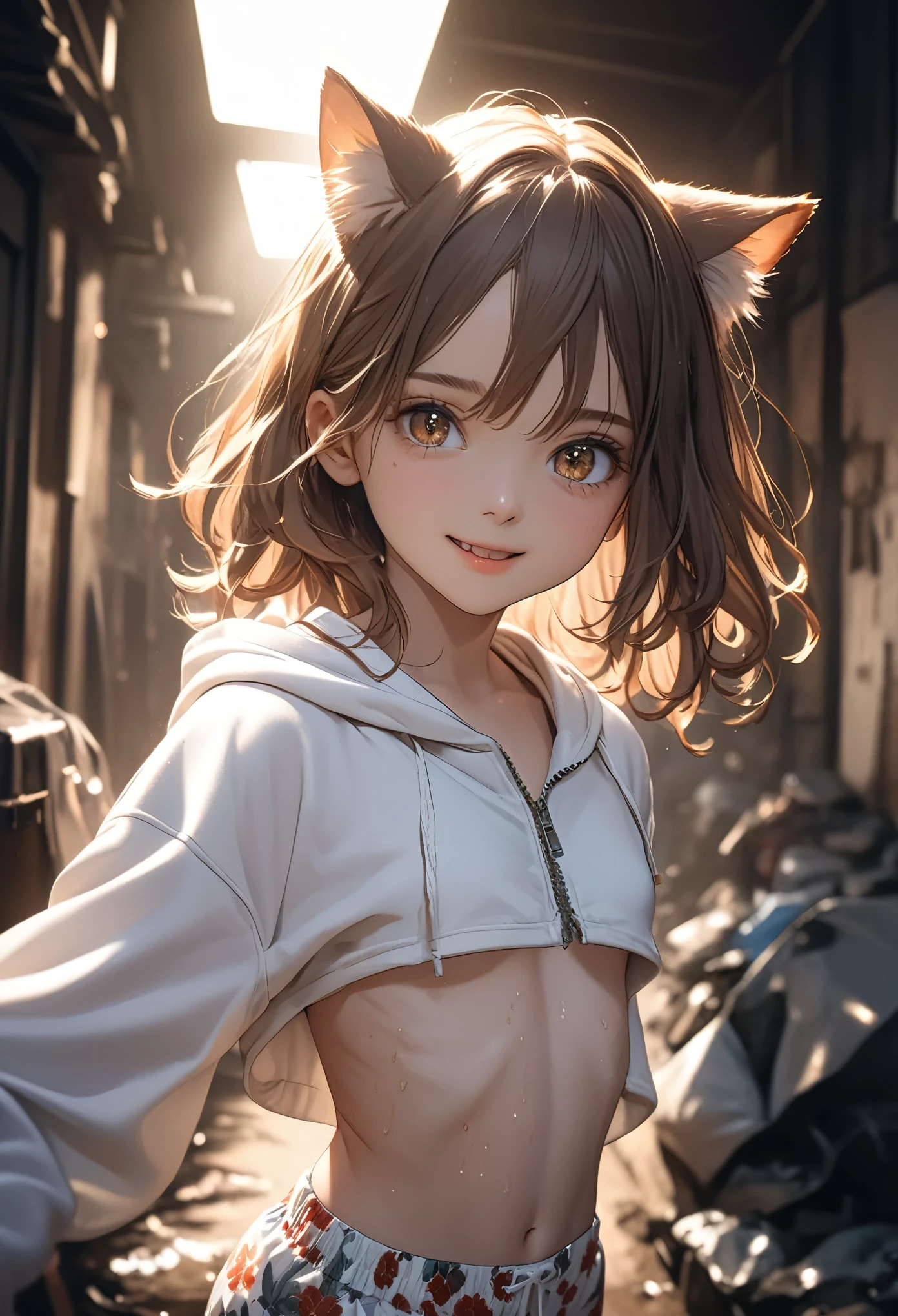 ((Masterpiece)), (Anime:1.3), ((best quality)), (RAW photo: 1.2), (High Definition:1.3), (Professional Photography:1.2), (hard lighting:1.5), (closeup face), Textured skin, cinematic lighting, (), 1girl, (Cute teenage beautiful Girl), ((best quality)), ((slightly exposed stomach)), beautiful brown eyes, (Beautiful daiamond eyes:1.5), Cat ears, Pale brown hair, unruly hair, medium hair, innocent smile, Open mouth wide, ((pure white hoodie)), zipper, ((botanical pattern Boxer shorts)), Slender body, small breasts, sweaty, Beautiful small breasts, (Posing with Civility), Slum townscape,