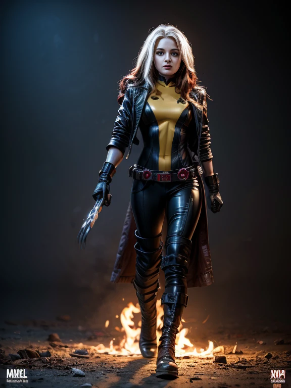 Dianna Agron、masterpiece, High-quality 4K, Villain (X-Men), Gothic Girl, Sculpted body gothic makeup, Black jacket, Red and blue bodysuit, masterpiece, highest quality, Cowboy Shot, One girl, alone, Technology Military Bodysuit, fringe.