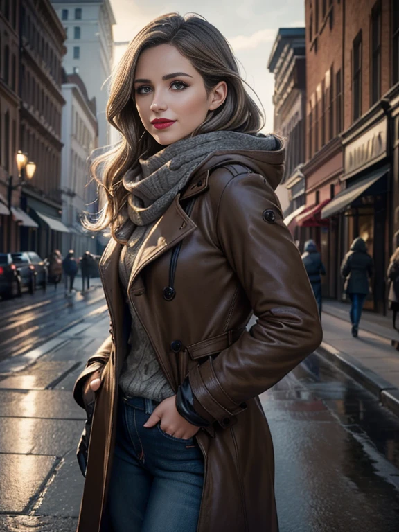 Dianna Agron、(masterpiece:1.0), (Highest_quality:1.2), (Dark Shot:1.3), Classic Rogue, 1991 Rogue X-Men, 1 girl, Only 1, Head to Toe, standing on street corner, Elegant pose, (clothing: Brown winter coat, Brown color hood, Down lining, White scarf, gloves, jeans) Medium length hair, Brown Hair, Wavy Hair, One gray hair, Green Eyes, Mischievous look, Grin, Lips parted,  Red lipstick, Heavy makeup, Confident expression, Backlight, (realism: 1.5), (Realistic: 1.4), (Disorganized:1.4), 8k, Very detailed, Detailed beautiful woman,  (background: Midnight, it&#39;s snowing, On the streets of New York, Snowy Night), Official Art, Very detailed CG Unity 8k wallpaper, Perfect lighting, colorful, 超High resolution, photograph, 8k, High resolution, Kodak Portrait 400, Film Grain, blurry background, (Bokeh:1.2), (Vibrant_color:1.2), Film Grain:1.2, (Warm colors, Warm Tones:1.2), (color photo), Professional Photograph