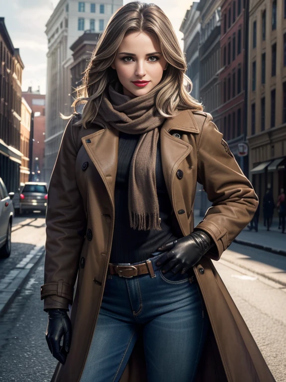 Dianna Agron、(masterpiece:1.0), (Highest_quality:1.2), (Dark Shot:1.3), Classic Rogue, 1991 Rogue X-Men, 1 girl, Only 1, Head to Toe, standing on street corner, Elegant pose, (clothing: Brown winter coat, Brown color hood, Down lining, White scarf, gloves, jeans) Medium length hair, Brown Hair, Wavy Hair, One gray hair, Green Eyes, Mischievous look, Grin, Lips parted,  Red lipstick, Heavy makeup, Confident expression, Backlight, (realism: 1.5), (Realistic: 1.4), (Disorganized:1.4), 8k, Very detailed, Detailed beautiful woman,  (background: Midnight, it&#39;s snowing, On the streets of New York, Snowy Night), Official Art, Very detailed CG Unity 8k wallpaper, Perfect lighting, colorful, 超High resolution, photograph, 8k, High resolution, Kodak Portrait 400, Film Grain, blurry background, (Bokeh:1.2), (Vibrant_color:1.2), Film Grain:1.2, (Warm colors, Warm Tones:1.2), (color photo), Professional Photograph