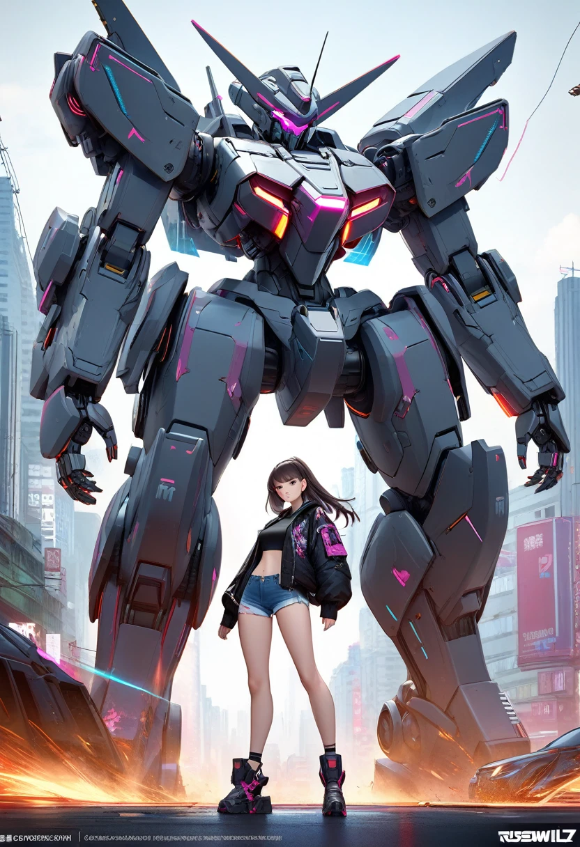 Anime girl in shorts and jacket standing next to a giant robot, artwork in the style of Gweitz, Cyberpunk Anime Girl Mecha, Trending on cgstation, Gweitz, By Russell Dongjun Lu, Digital Cyberpunk Anime Art, Lostrun 8k, Gweitz on artstation pixiv, Girl wearing mecha cyber armor