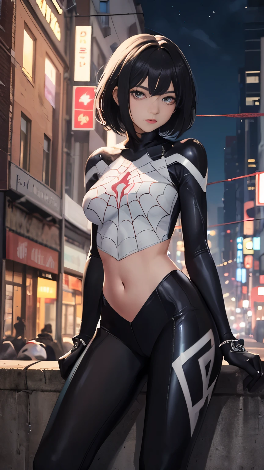 (​masterpiece、4K resolution、A hyper-realistic、ighly detailed、Turn your back), (White Superheroes theme、Charisma、There is a girl in a white spiderman costume above the town、with his back turned。She's a superhero)、 [((25-years old)、(Long black ponytail hair:1.2)、full body Esbian、(blue eyess:1.2))、((Sandy urban environment):0.8)|(A city scape、natta、Dinamic Light)、(fullmoon)]#illustrate:Prompts are mainly ultra high definition、very real、Describes highly detailed 4K paintings。A superheroine in a white spiderman costume is depicted at the top of the city。The theme of the photo is black superheroes。