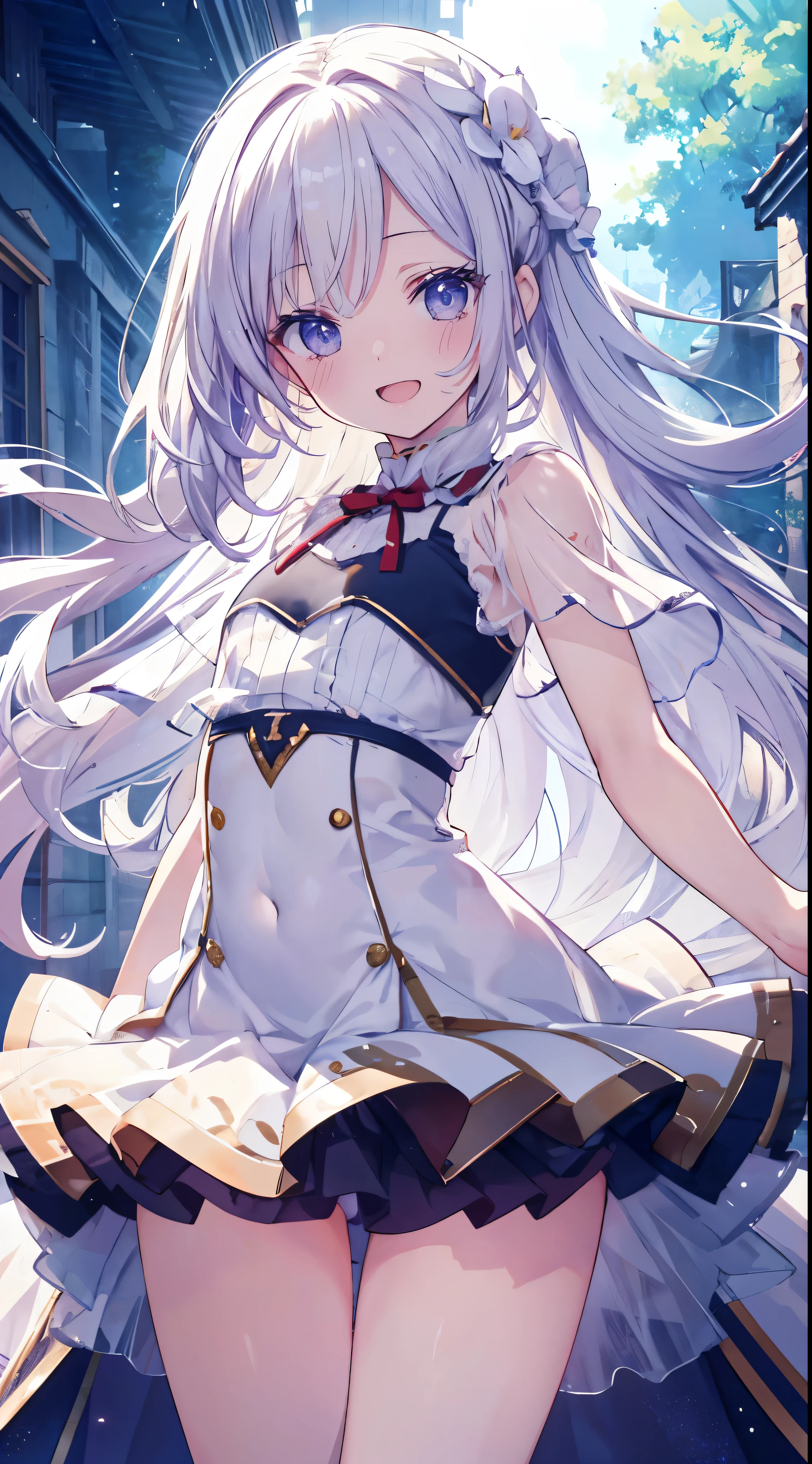 Masterpiece、Highest quality、highest quality、((((Transparency))))、(Open Mouth Smile)、Shiny hair quality、Small face、Dynamic pose、Super detailed, beautiful, wide eyes、Ultra-detailed, clear and beautiful faces、(cute illustration:1.2), High-resolution, ultra-detailed, best quality, embarrassed、Thighs、Awards, Anatomically correct