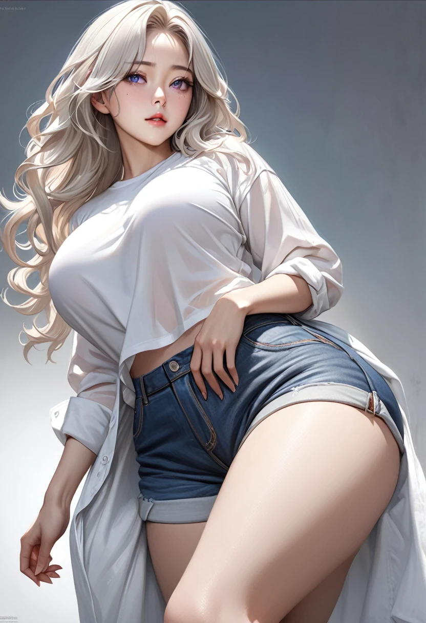 Realistic, High resolution, 1 girl, White Wavy Hair, Korean, heterochromatic eyes, Small mole under eye, Loose white shirt, Skinny denim shorts, Large Breasts, Thighs, A masterpiece where you can see the underwear, Ultrarealism