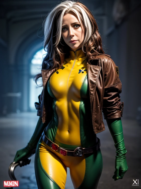 Jennifer Love Hewitt、masterpiece, High-quality 4K, Villain (X-Men), Gothic Girl, Sculpted body gothic makeup, Brown jacket, Yellow and green bodysuit, masterpiece, highest quality, Cowboy Shot, One girl, alone, Technology Military Bodysuit, fringe.