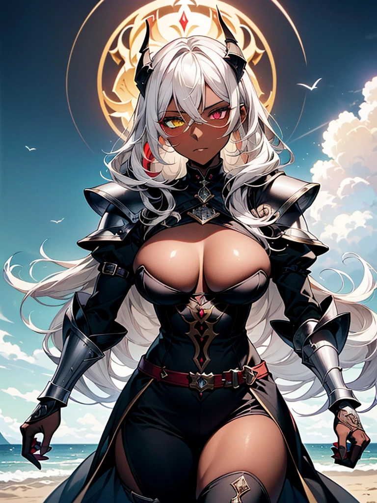 (masterpiece, best quality), (Official art, masterpiece, 8k, ultra-detailed), ultra-detailed, photo of a beautiful 32 year old woman, ((dark skin)), white hair, wearing round glasses on her face, eyes red and yellow, wearing a tight black jumpsuit, with light armor, large, ultra-detailed breasts, (ultra-detailed face), (1 dark-skinned woman), long white hair, ((((Heterochromia in eyes, ultra-detailed red and yellow eyes)))), (very detailed eyes: 1,2), (((ultra-detailed red and yellow eyes))), heterochromia of red and yellow eyes very well presented, (wearing round glasses on the face very detailed: 1,2), well designed glasses, ((gauntlets and high heel boots)), witch items, belts, (ideal body proportion), ((black jumpsuit with light armor)), ultra detailed character, wallpaper, pinterest, Fantasy Art, (Fantasy art), fantasy scene, (medieval magic village), wallpaper, pinterest, front photo, exterior, cinematic photo, natural light, beach photo, wallpaper, pinterest, badass image, perfect photo, volumetric lighting
