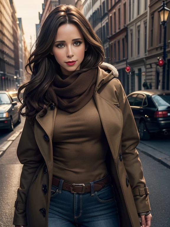 Jennifer Love Hewitt、(masterpiece:1.0), (Highest_quality:1.2), (Dark Shot:1.3), Classic Rogue, 1991 Rogue X-Men, 1 girl, Only 1, Head to Toe, standing on street corner, Elegant pose, (clothing: Brown winter coat, Brown color hood, Down lining, White scarf, gloves, jeans) Medium length hair, Brown Hair, Wavy Hair, One gray hair, Green Eyes, Mischievous look, Grin, Lips parted, Red lipstick, Heavy makeup, Confident expression, Backlight, (realism: 1.5), (Realistic: 1.4), (Disorganized:1.4), 8k, Very detailed, Detailed beautiful woman, (background: Midnight, it's snowing, On the streets of New York, Snowy Night), Official Art, Very detailed CG Unity 8k wallpaper, Perfect lighting, colorful, 超High resolution, photograph, 8k, High resolution, Kodak Portrait 400, Film Grain, blurry background, (Bokeh:1.2), (Vibrant_color:1.2), Film Grain:1.2, (Warm colors, Warm Tones:1.2), (color photo), Professional Photograph