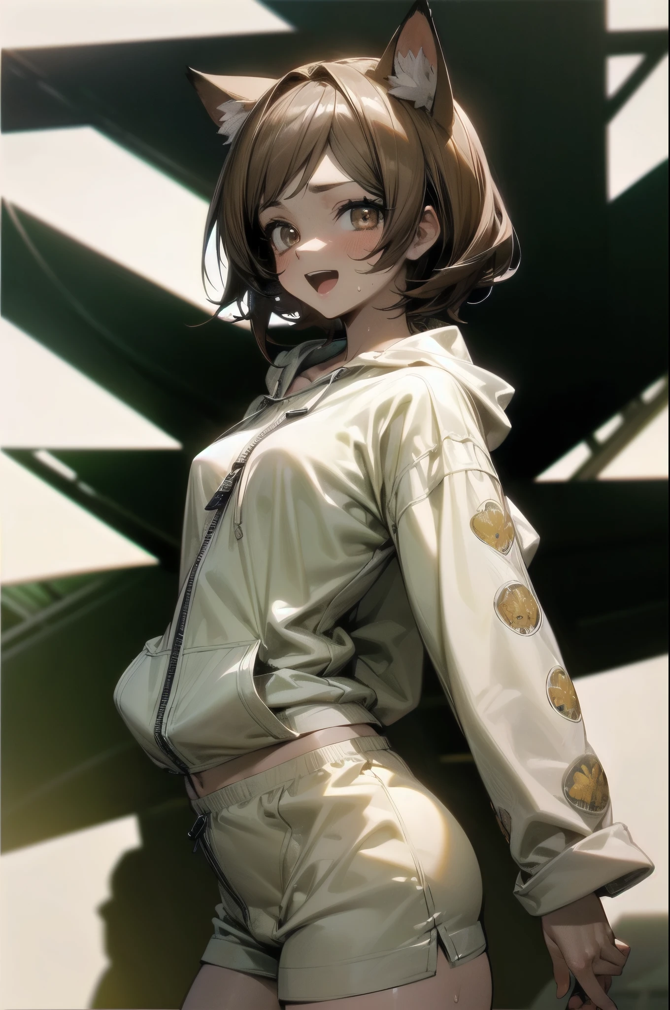 ((Masterpiece)), (Anime:1.3), ((best quality)), (RAW photo: 1.2), (High Definition:1.3), (Professional Photography:1.2), (hard lighting:1.5), (closeup face), Textured skin, cinematic lighting, (12 years old), 1girl, (Cute teenage beautiful Girl), ((best quality)), beautiful brown eyes, (Beautiful daiamond eyes:1.5), Cat ears, Pale brown hair, unruly hair, medium hair, innocent smile, Open mouth wide, ((pure white hoodie)), zipper, ((botanical pattern Boxer shorts)), Slender body, small breasts, sweaty, Beautiful small breasts, (Posing with Civility), Slum townscape,