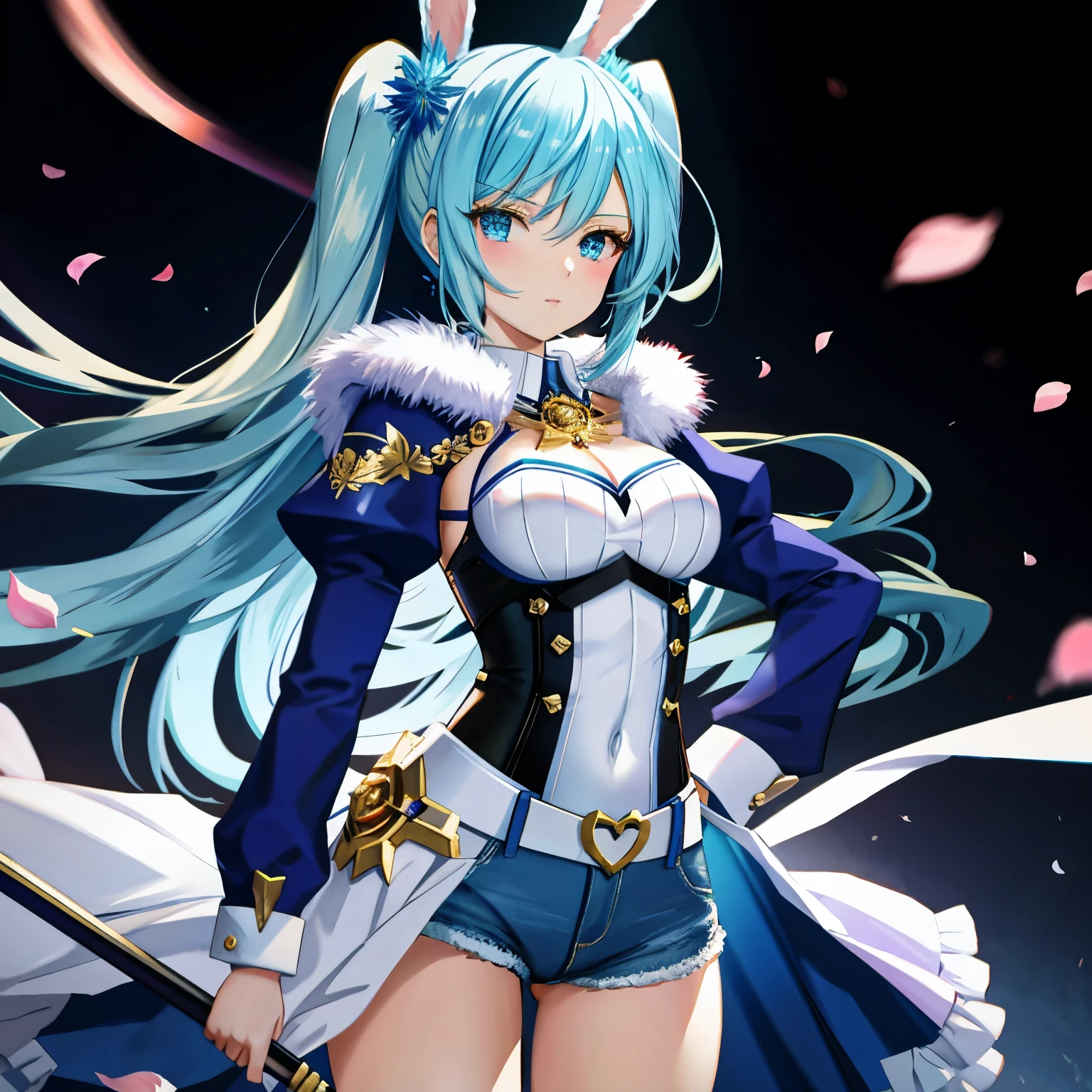 The image depicts an anime-style female character with long, light blue hair and bunny ears. She wears a blue vest over a lace garment and high-waisted denim shorts. The character adopts a confident pose, with her hands on her hips, and appears to be leaning slightly forward. Her generous chest is accentuated in the design and is highlighted by soft pink lighting with pink petal-like embellishments. The background of the image is a light yellow. This character is from the anime genre, potentially related to the series "Hololive."
BREAK
## Style
- Versatile: White Anime Barbie, Biomechanical, Anime Moe Art Style, Dress, Desktop Background
- Specialized type: "Fate/Stay Night", "Fate/Grand Order", Kushard Krenz's key art, feminine style
BREAK
## Hairstyle and color (determined by theme, pronto overall): Choose one main style from 5 styles (long hair, ponytail, twin tails, bob cut, long braid) and combine all remaining 4 hairstyles to create an original Please style your hair. You can choose the main hair color from gold, blue, or green, and add the remaining two colors as a gradation color.
BREAK
## Colors: green, blue and gold (added to important elements of the theme), light blue, yellow, silver, crimson (added to other than important elements of the theme)
BREAK
## Body type and complexion: voluptuous, voluptuous, stylish body, rocket breasts, cleavage (between breasts), erection of nipple, hanging breasts, armpits, bare shoulders, breasts, caustics, collarbones, huge breasts , sagging breasts, moles, skin depressions, stomach, thighs, moistwith
BREAK
## image quality
- Universal: golden ratio 1.2, drawing board 1.3
- Specialized: absurdres, highest quality, photo-realistic, hyper-realistic, ultra-detailed illustrations
BREAK
## Quality
- Versatile: Ultra quality
- Specialized: Ultra quality and detailed art
BREAK
## Resolution
- Versatile: 8K, Ultra High Resolution: 1.2
- Specialized: High resolution (HD, 4K, 8K, 16K), 24-bit, 48-bit color bit depth