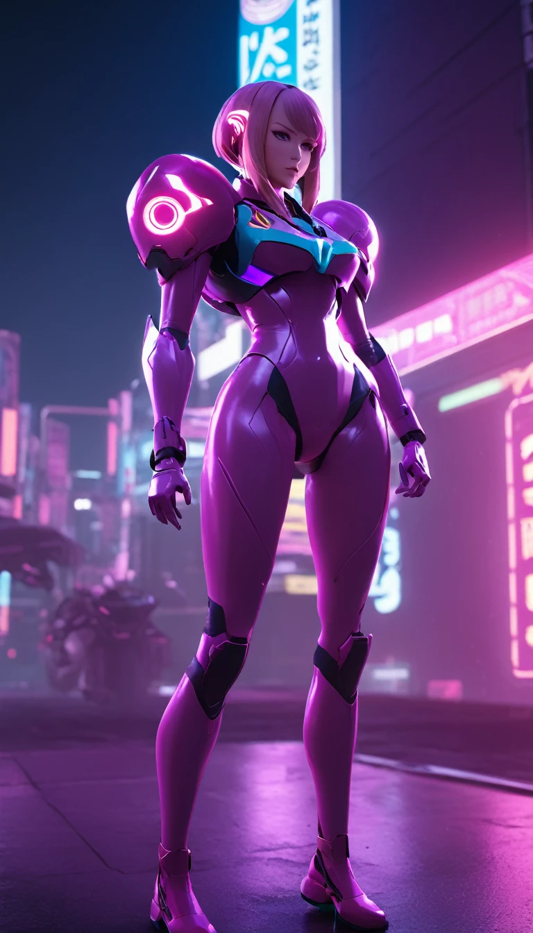 neonpunk style Cinematic scene, hero view, Samus Aran, action pose, detailed background, masterpiece, best quality, high quality, highres, absurdres . cyberpunk, vaporwave, neon, vibes, vibrant, stunningly beautiful, crisp, detailed, sleek, ultramodern, magenta highlights, dark purple shadows, high contrast, cinematic, ultra detailed, intricate, professional