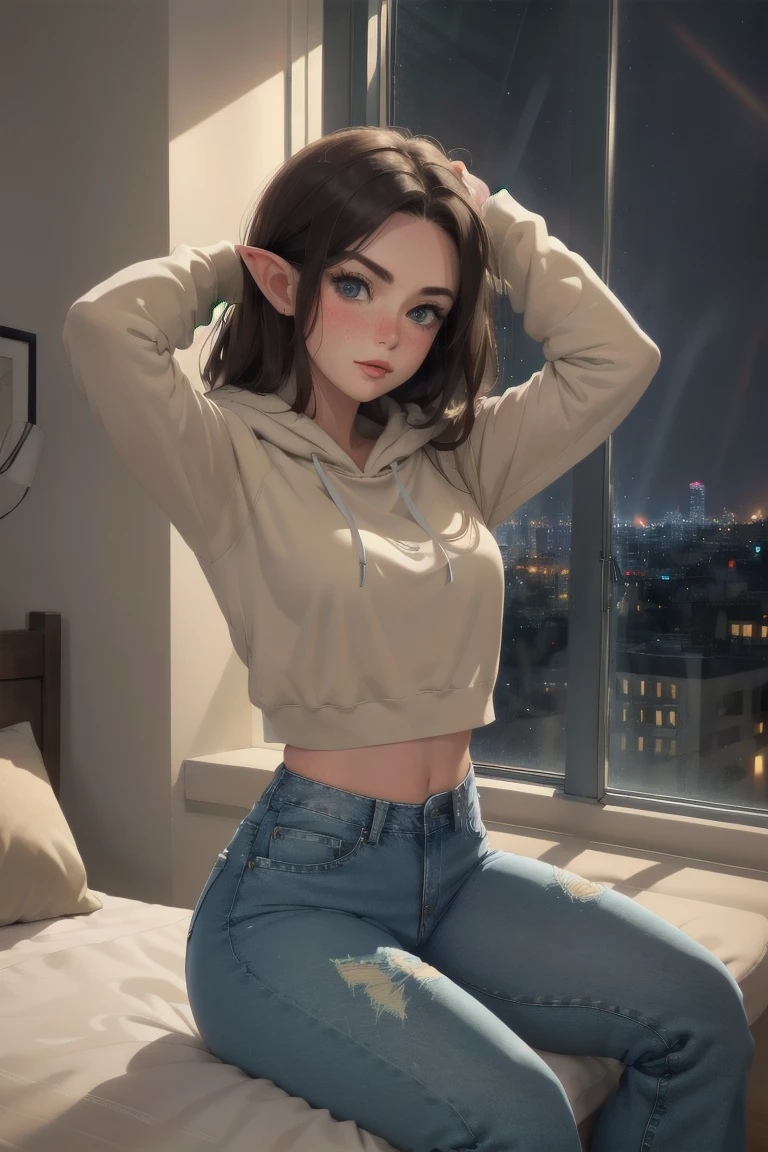 (elf girl), master piece, blushing, freckles, wide hips, slim waist, thick thighs, masterpiece, best quality, sfw, mature 26 year old woman, brown hair, moist face, wavy hair, mouth open, shiny. lips, beutiful round eyes, oversized hoodie, tight jeans, (thick thighs), thick hoodie, cropped hoodie, inside city apartment, raining outside, rainy day, navy rain, inside, sitting on bed next to window, nightime, raindrops on window, dark out, mood light, soft lap light, cozy mood, Lofi astetic, the scene emulates an immense feeling of comfort and safety, modern cityscapes, skyscraper nightlights visable through window, midnight, completely dark out, high waist jeans, tight pants, ripped jeans, (large thigh rip on jeans), orange lighting, orange moodnlight, Beautiful eyes, the most beautiful eyes youve ever seen, shiny thighs, (extremely ripped jeans), camel toe, hands on head, arms up