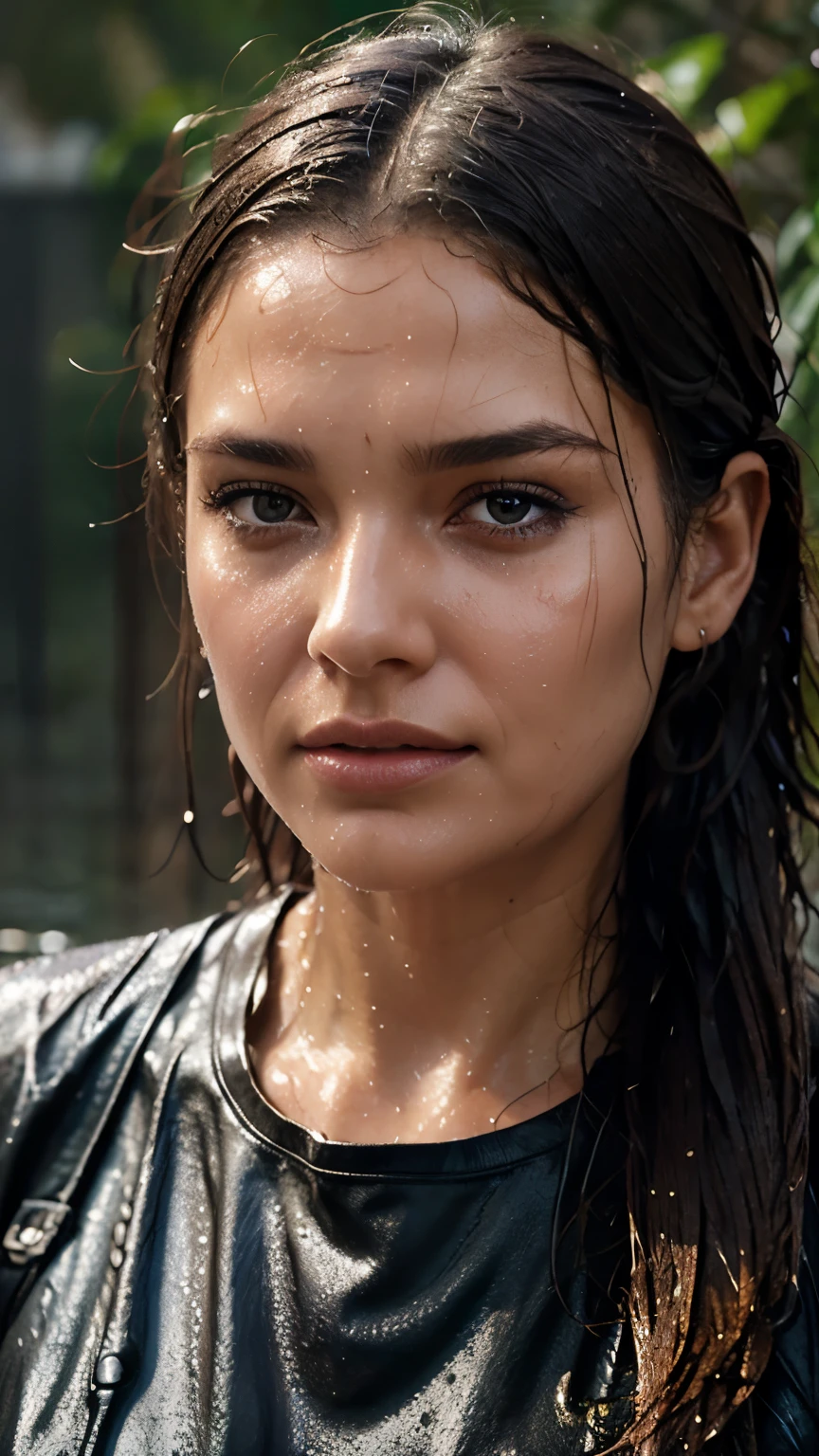 there is a woman that is standing in the rain with wet hair, a photorealistic painting by irakli nadar, tumblr, photorealism, rain drops on face, wet face, wet shiny skin, ultra realistic digital painting, ultrarealistic digital art, ultra-realistic digital art, sweaty 4 k, ultra realistic digital art, sweaty face, her face flushing and sweat