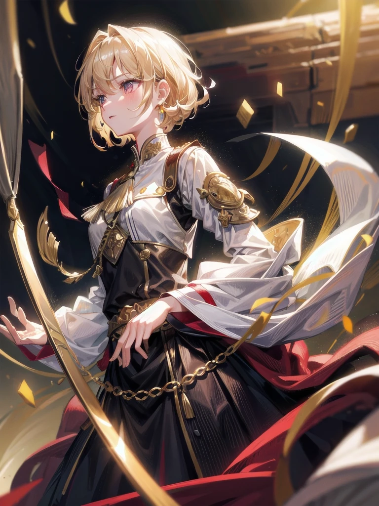Military Dress, golden accessories, Grand Katana Sword, absurdres, RAW photo, extremely delicate and beautiful, masterpiece, Best Quality, ultra high resolution, 32k, hyperrealistic, ultra-detailed, detailed description, pale skin, 20 years old, tearful mole, earring, big tits, short medium hair, wavy hair, whole body shot,