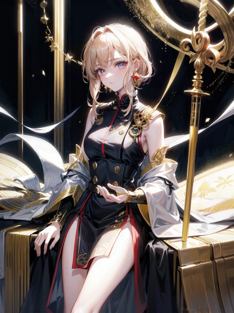 Military Dress, golden accessories, Grand Katana Sword, absurdres, RAW photo, extremely delicate and beautiful, masterpiece, Best Quality, ultra high resolution, 32k, hyperrealistic, ultra-detailed, detailed description, pale skin, 20 years old, tearful mole, earring, big tits, short medium hair, wavy hair, whole body shot,